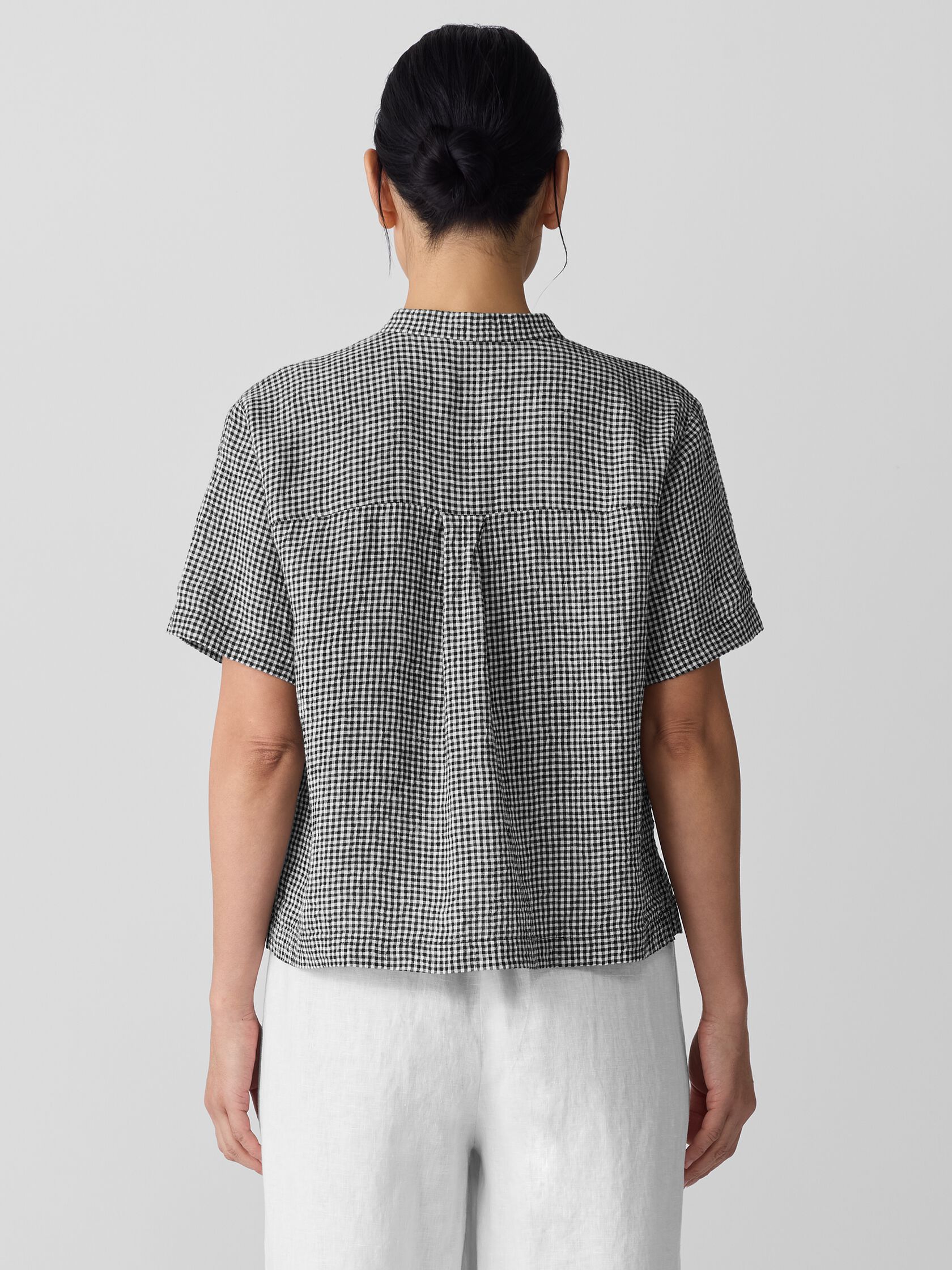 Puckered Organic Linen Band Collar Shirt
