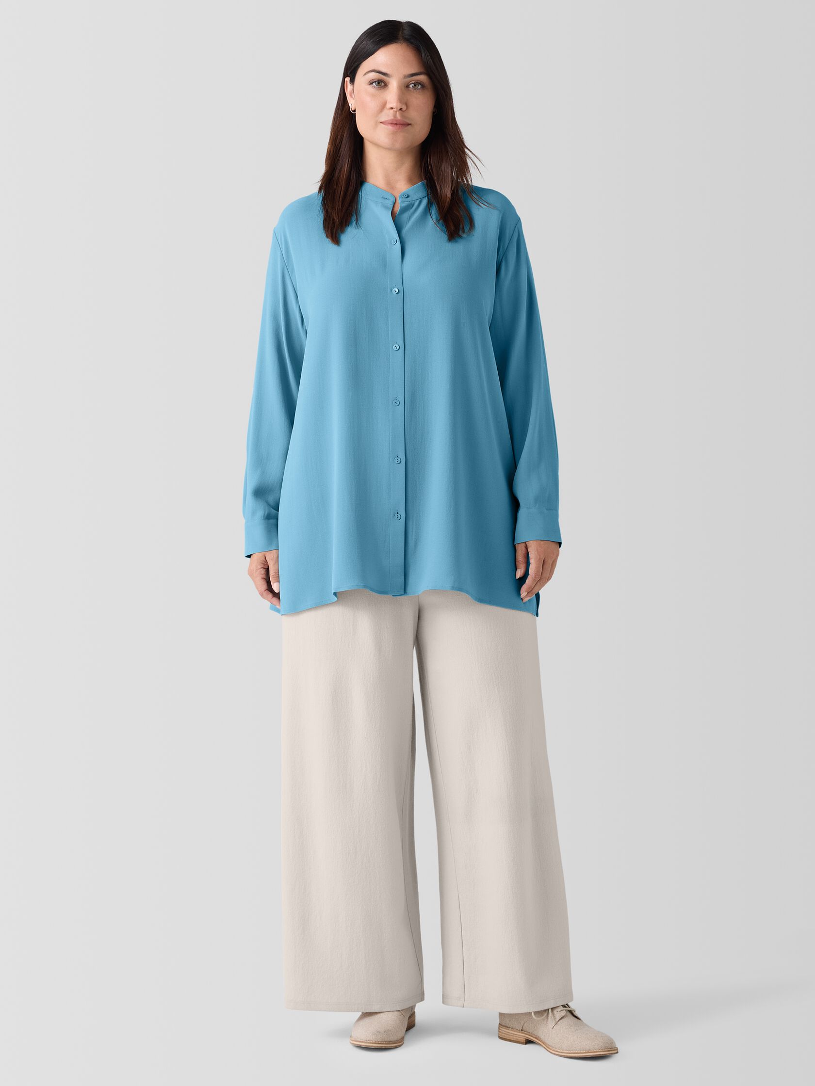 Silk Georgette Crepe Band Collar Shirt