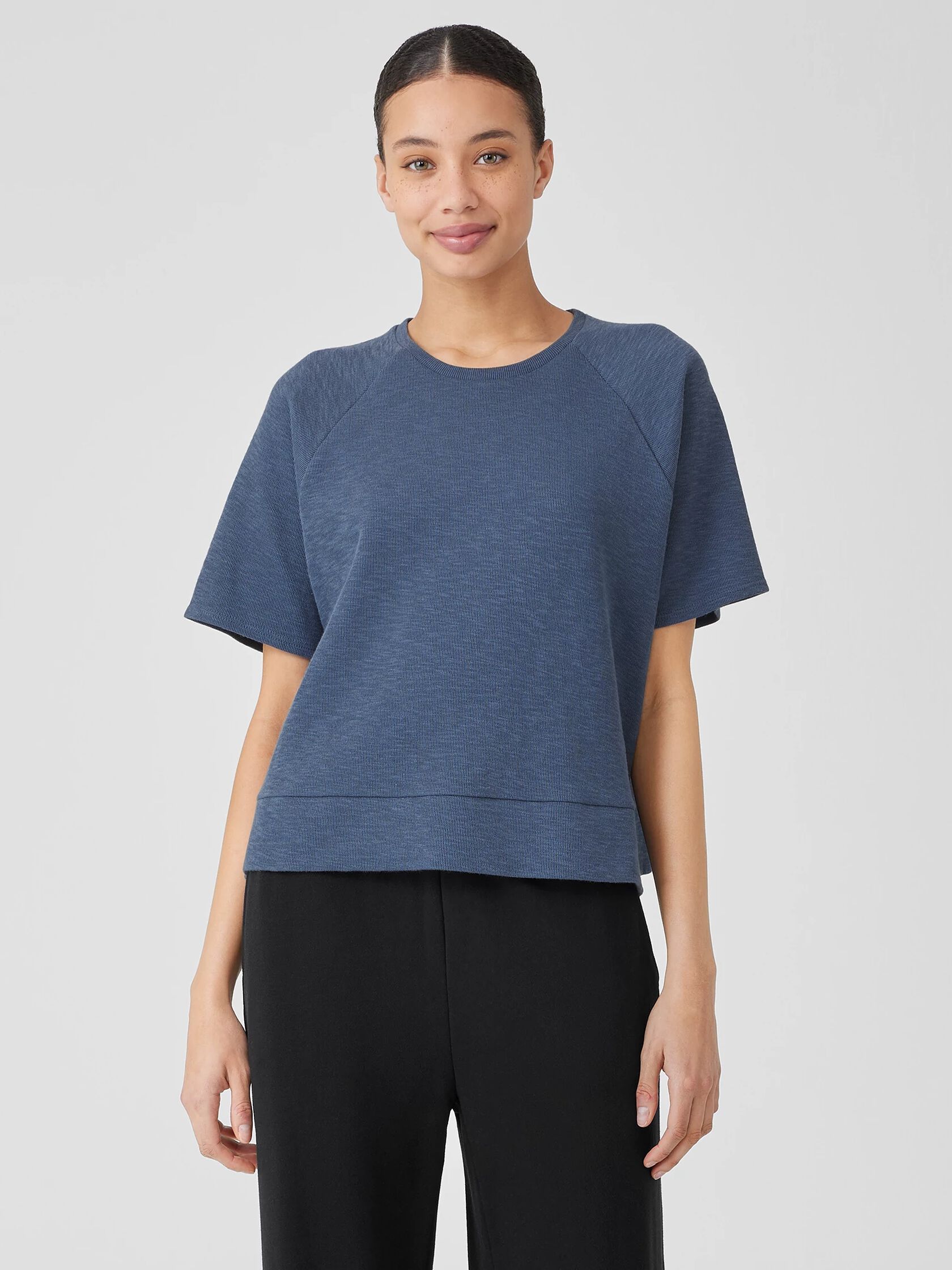 Organic Cotton Slubby Rib Knit Elbow-Sleeve Top