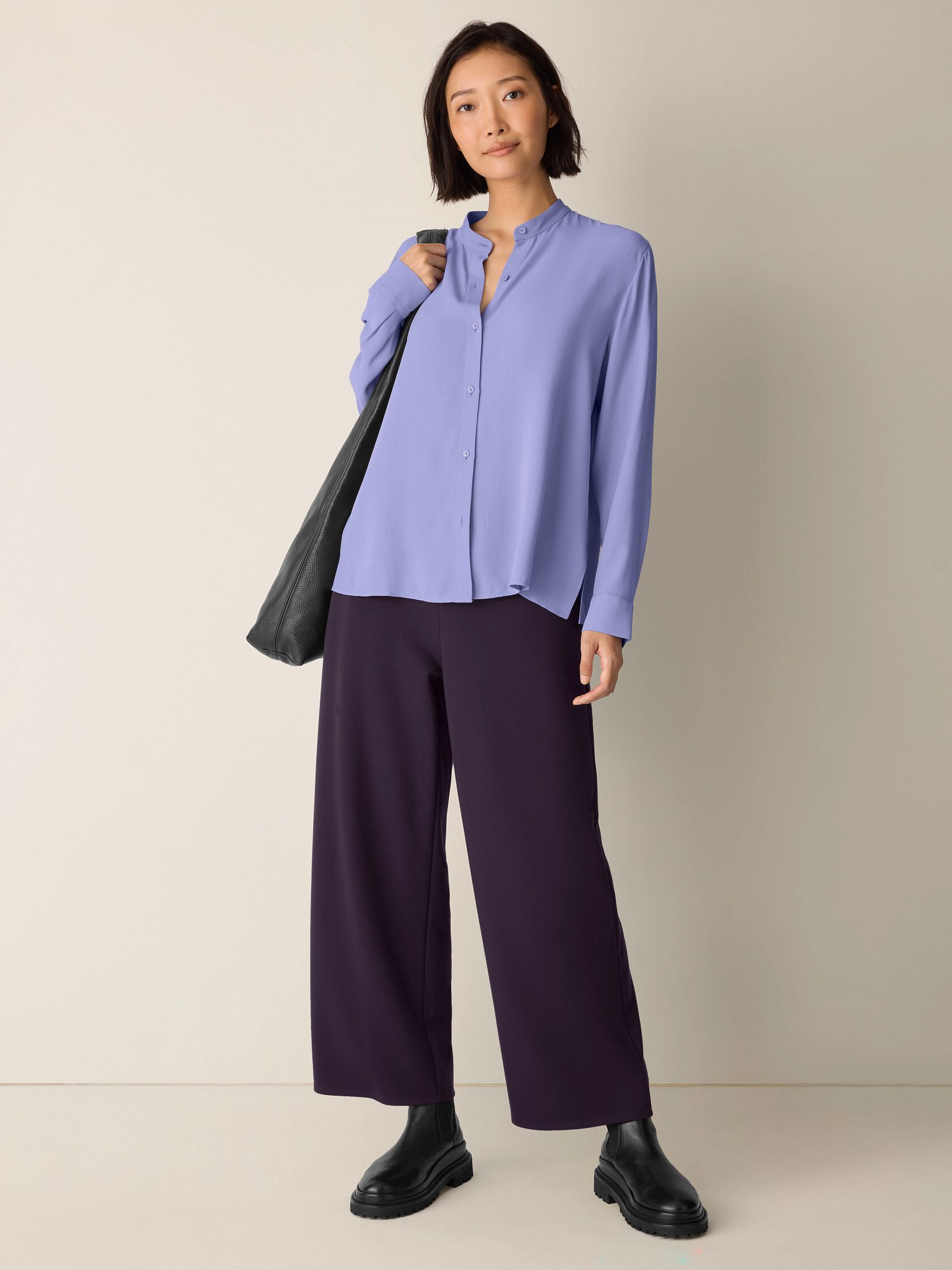 Silk Georgette Crepe Band Collar Top