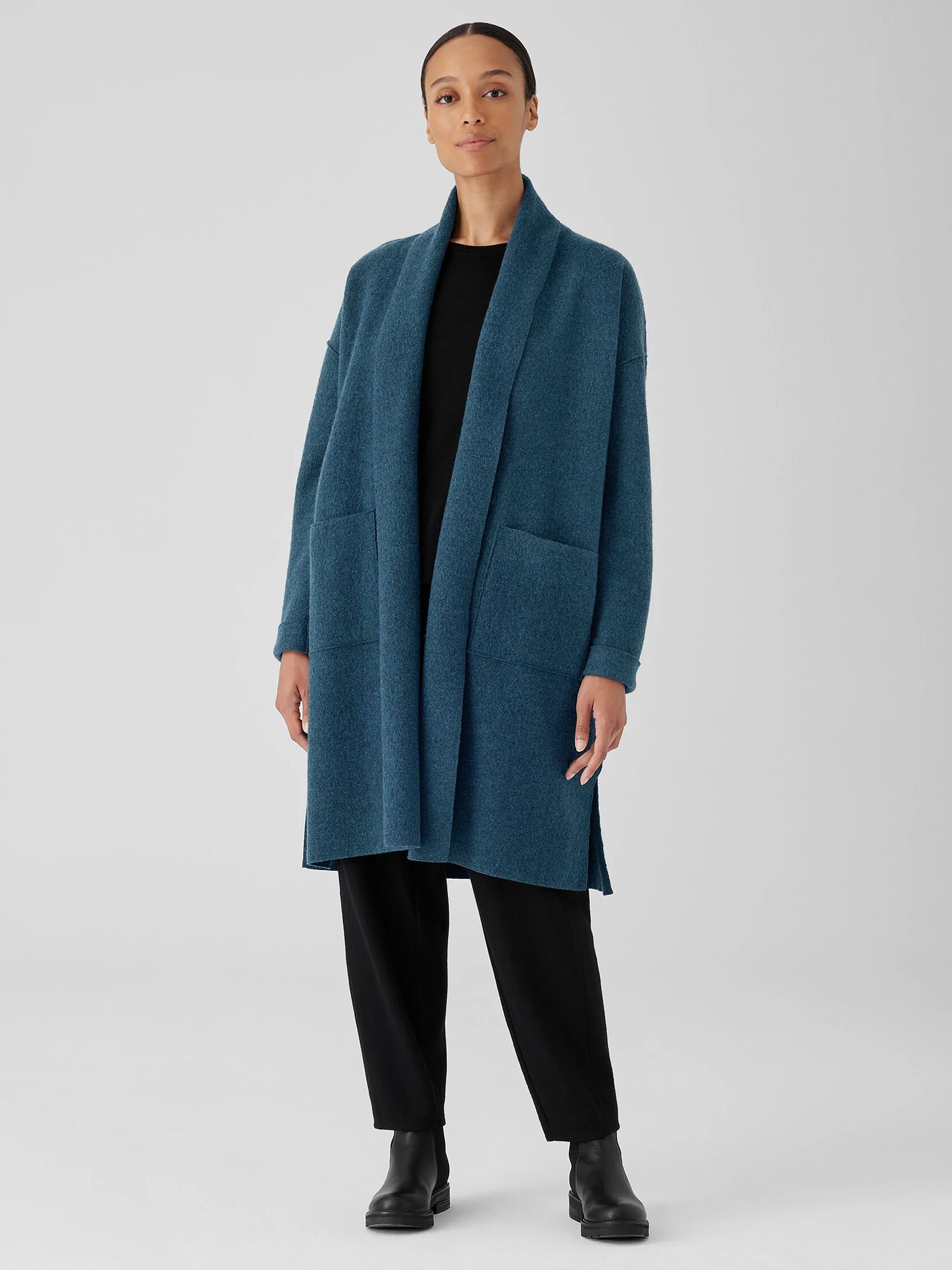 Lightweight Boiled Wool High Collar Coat in Regenerative Wool