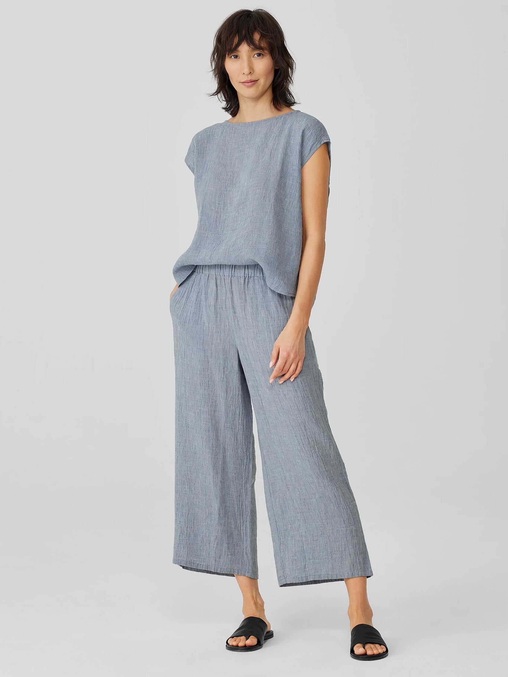 Striped Organic Linen Crinkle Wide-Leg Pant