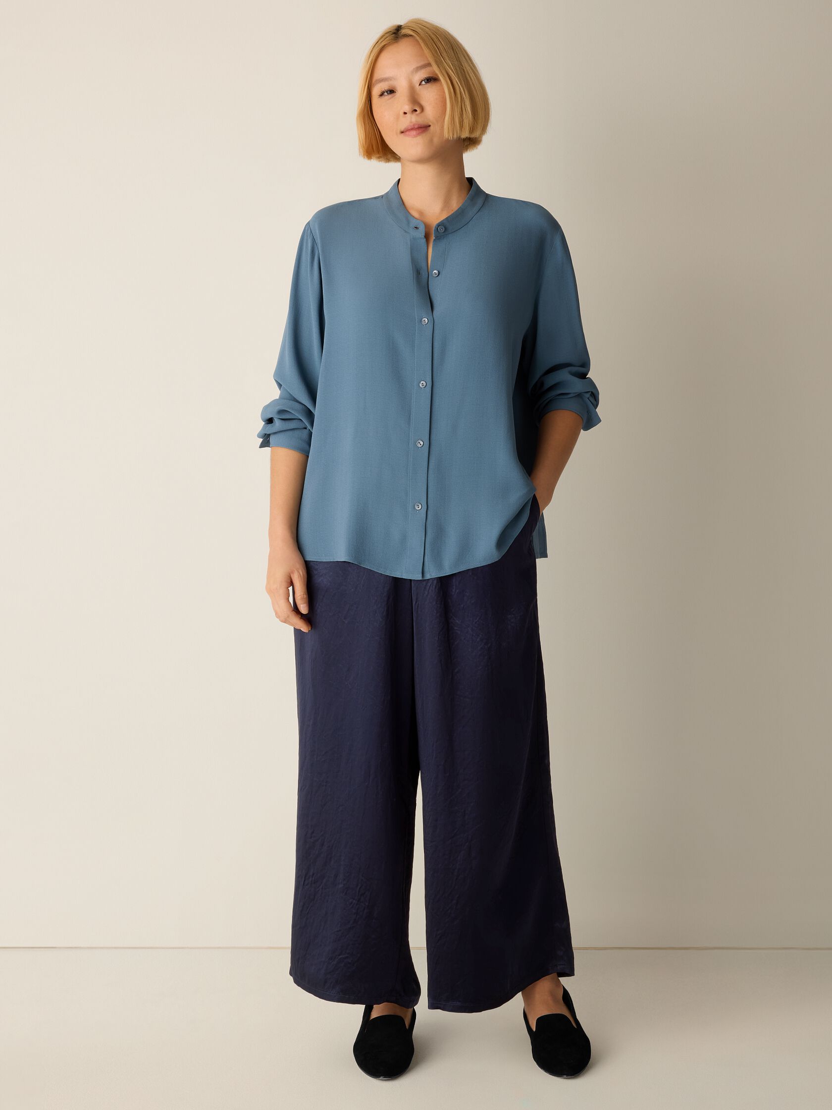 Silk Georgette Crepe Band Collar Top