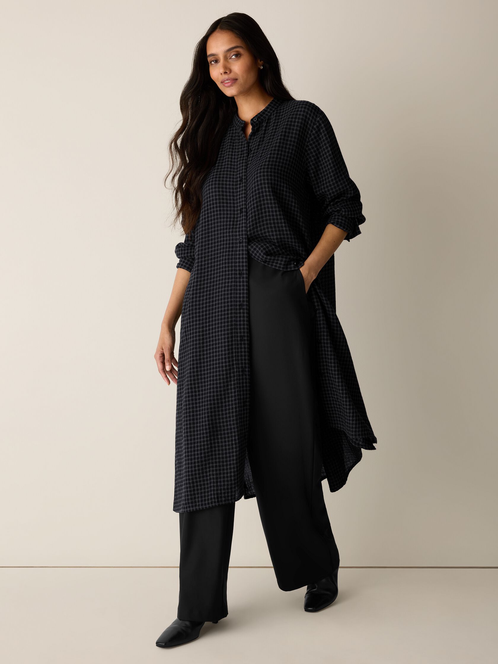 Wool Cotton Check Band Collar Shirtdress