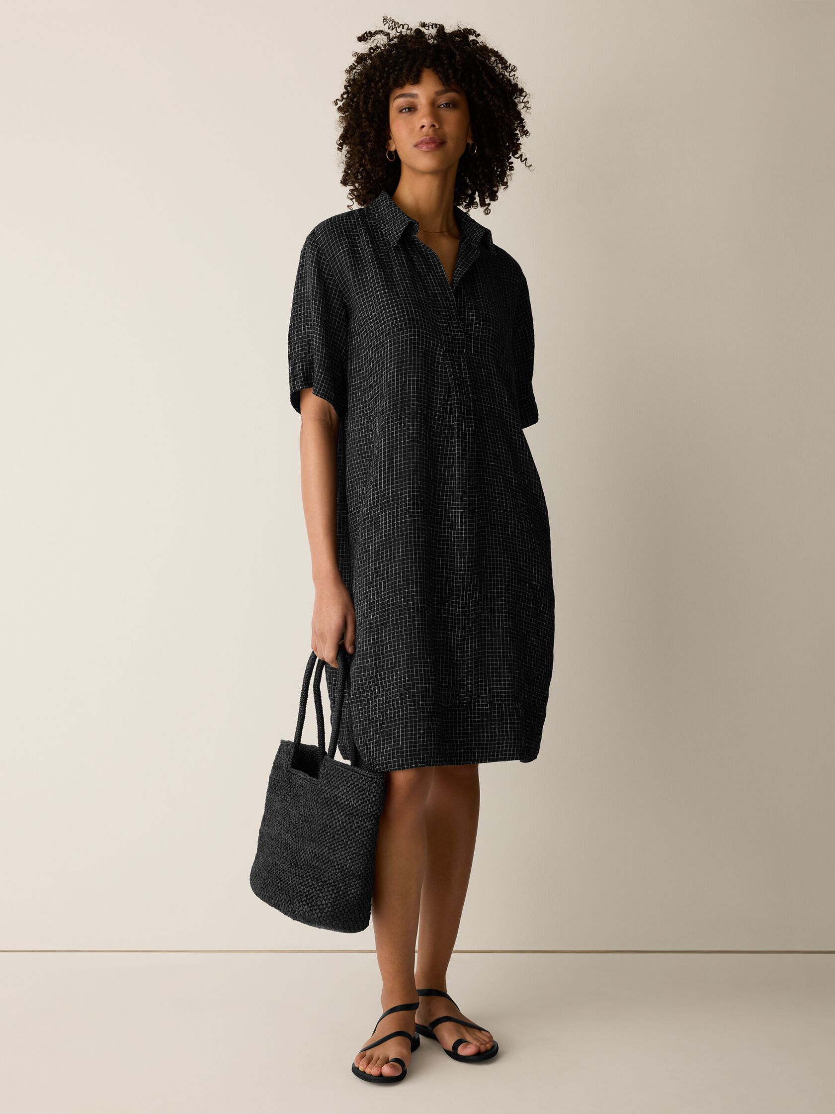 Puckered Organic Linen Grid Classic Collar Dress