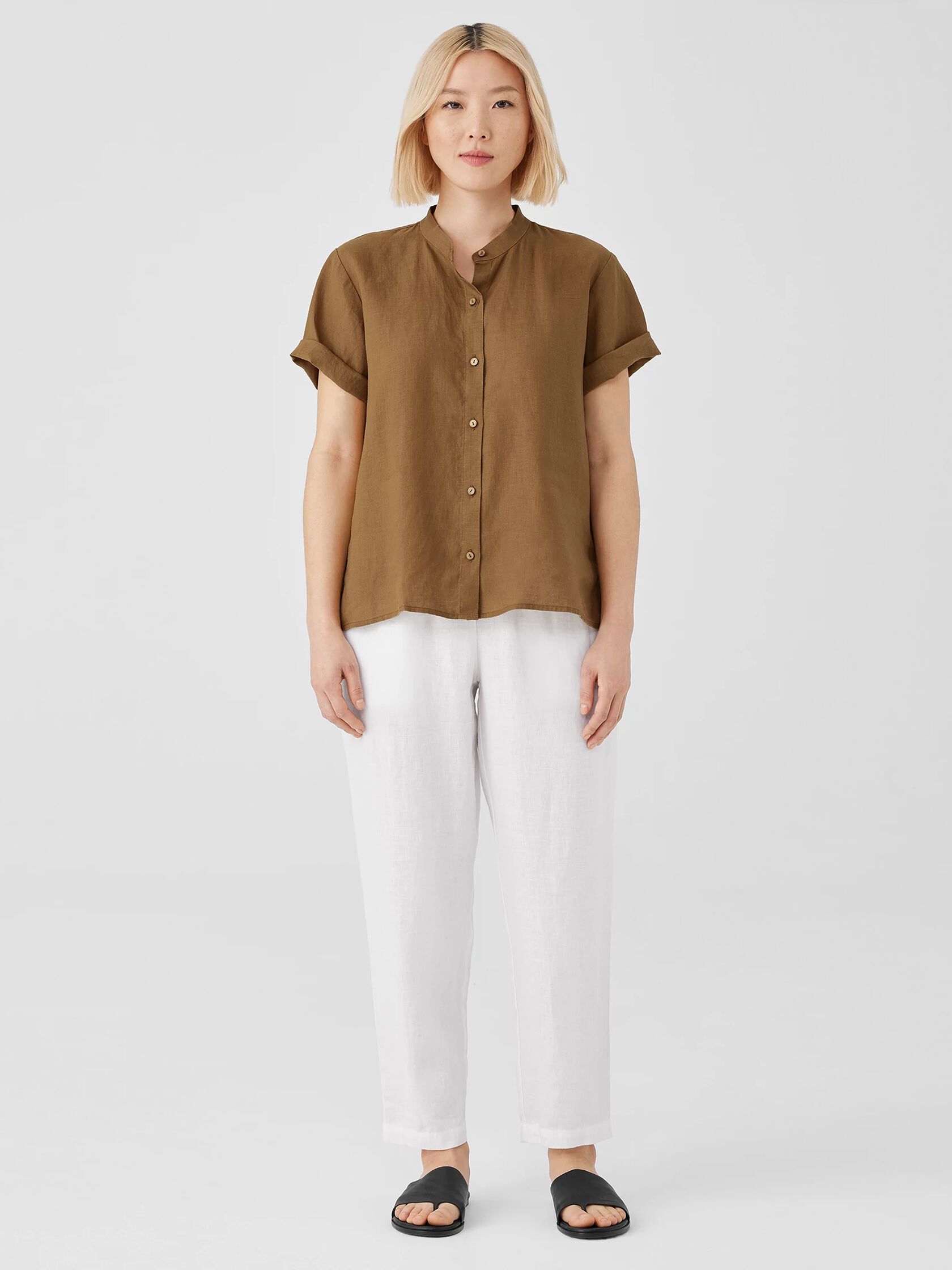 Organic Handkerchief Linen Band Collar Short-Sleeve Shirt