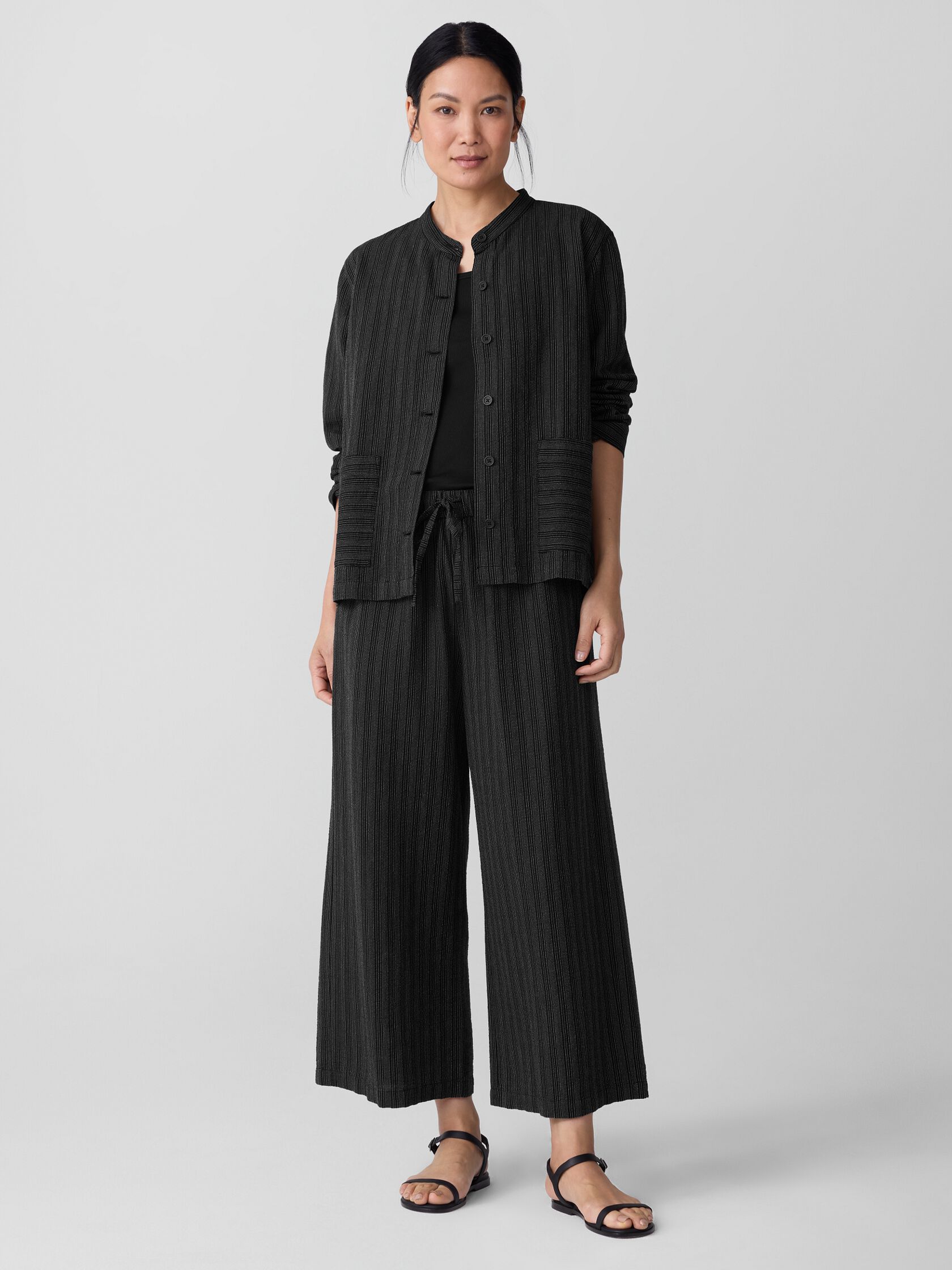 Cotton Blend Stripe Stitch Wide-Leg Pant