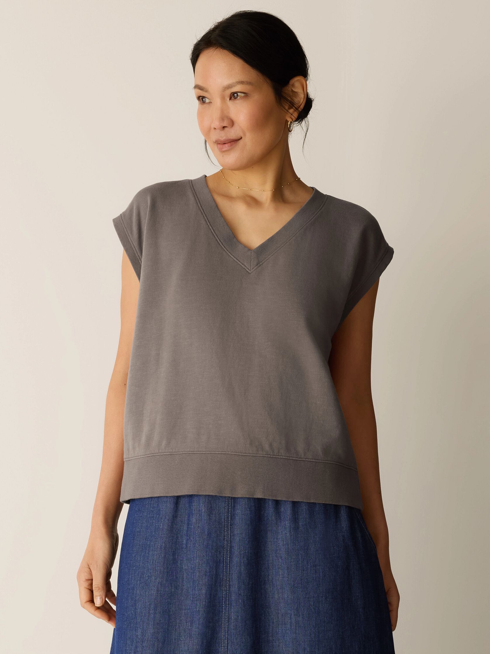 Garment-Dyed Organic Cotton Terry V-Neck Top