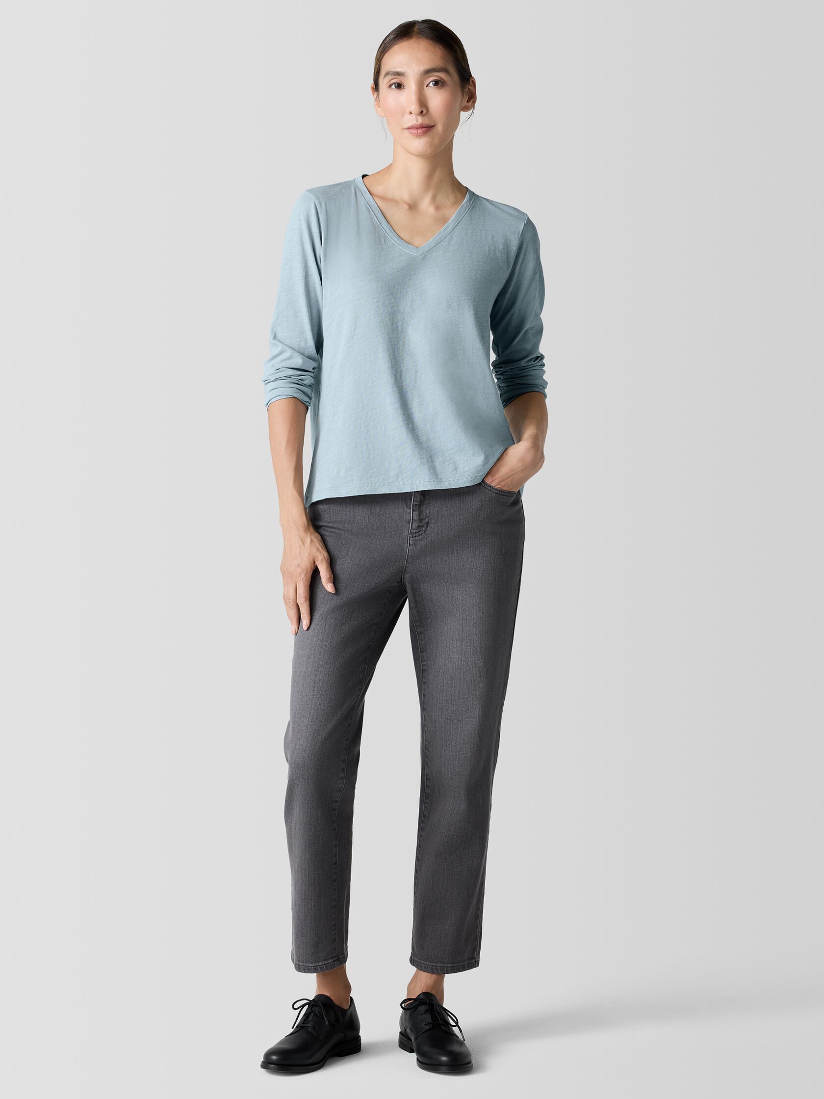 Organic Cotton Slubby Jersey V-Neck Top