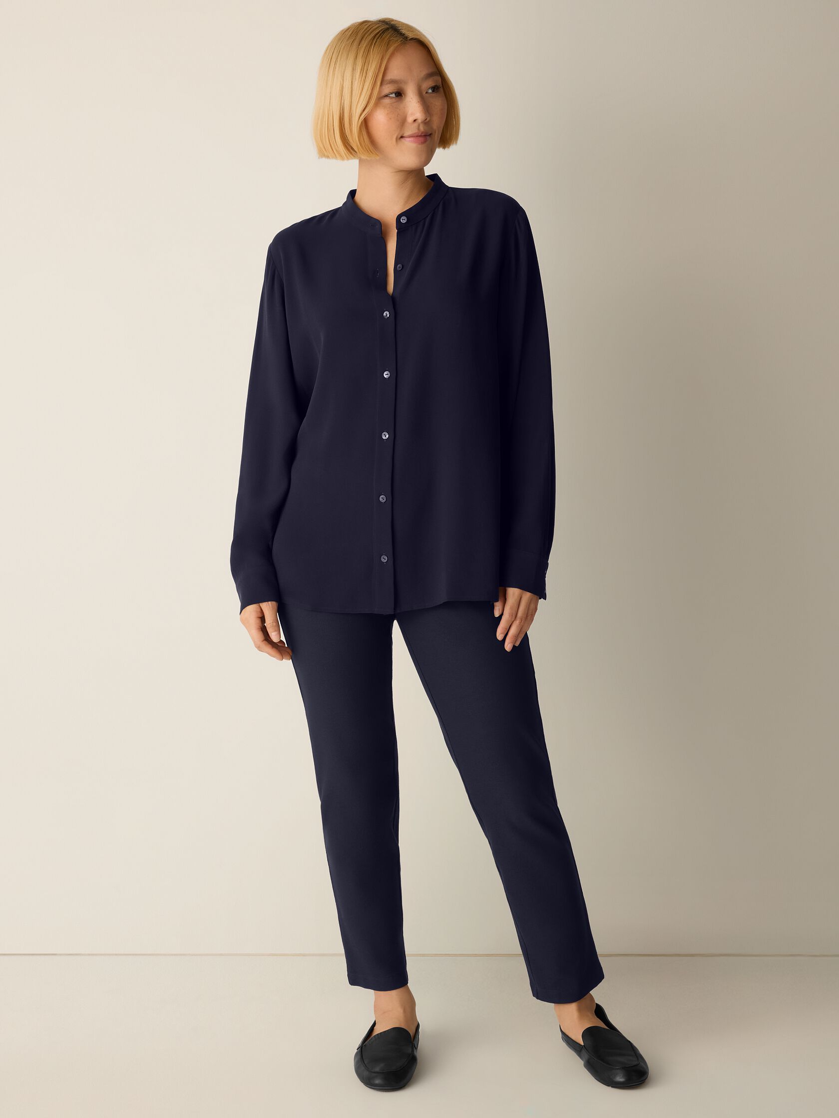 Silk Georgette Crepe Band Collar Shirt