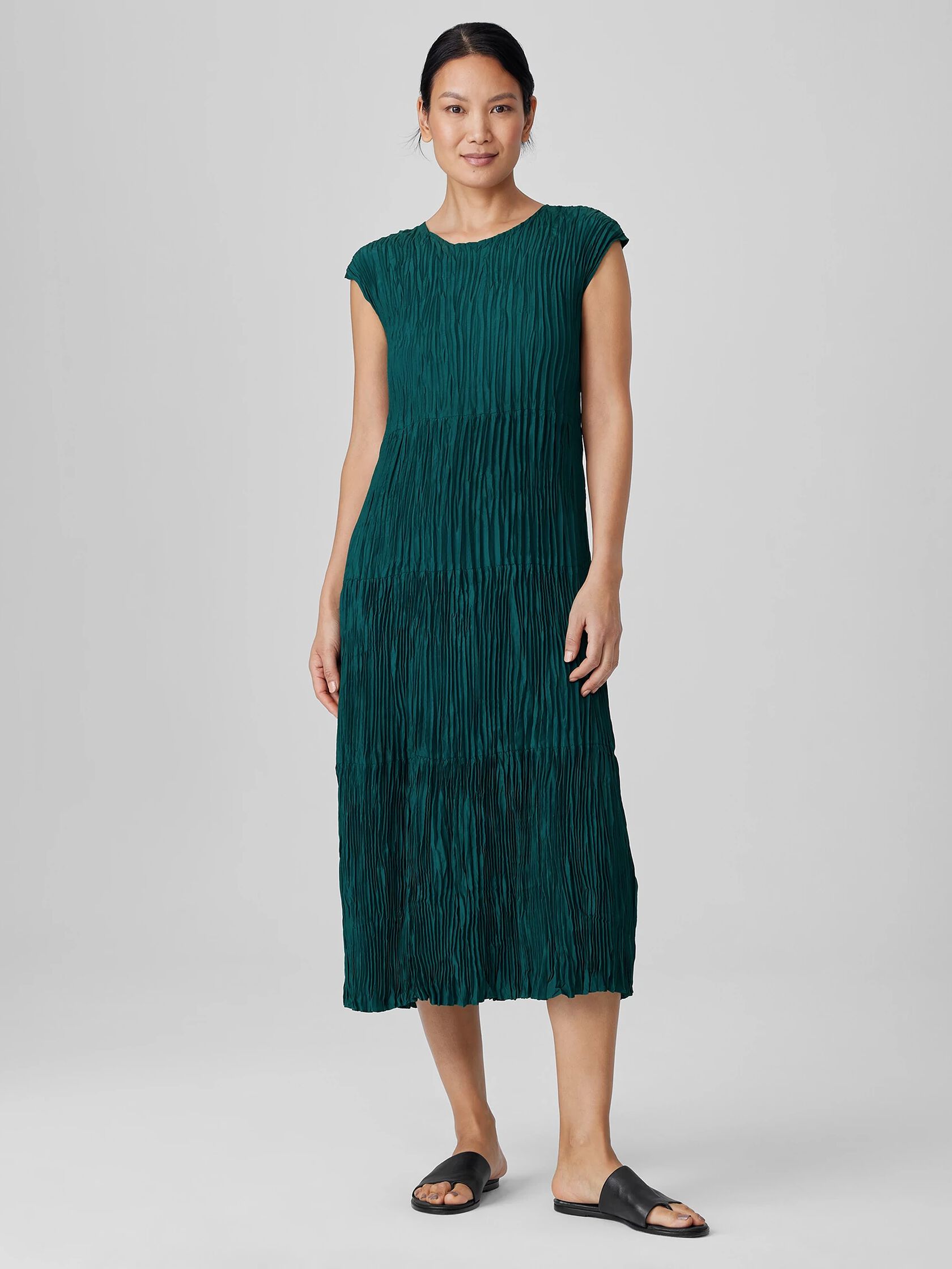 Crushed Silk Jewel Neck Tiered Dress