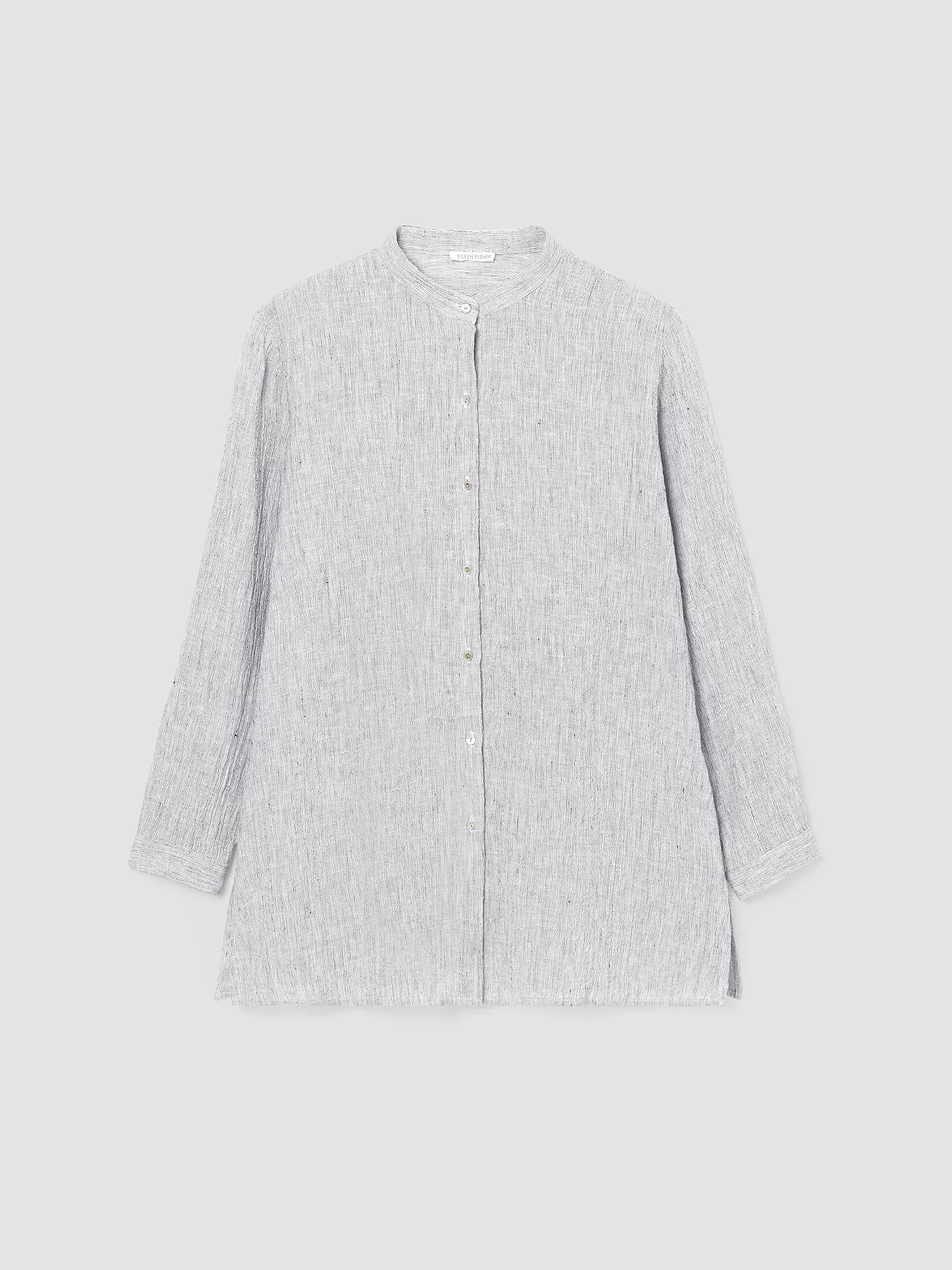 Striped Organic Linen Crinkle Mandarin Collar Shirt