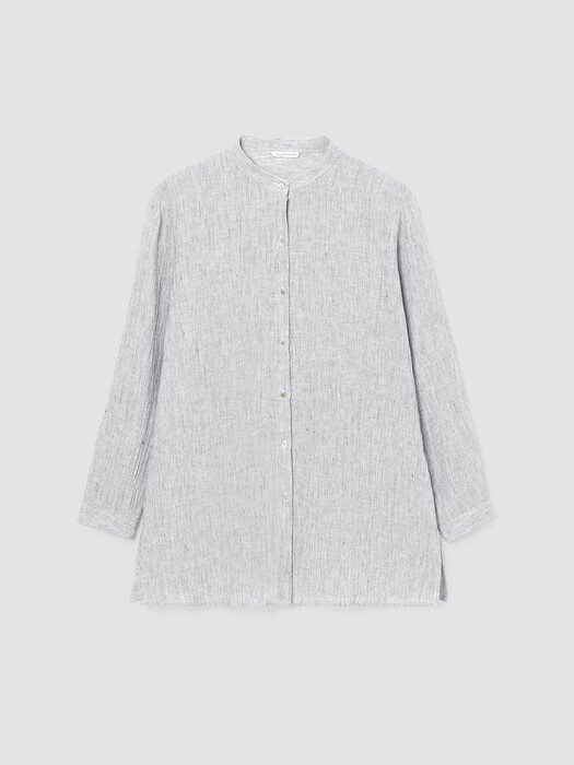 Striped Organic Linen Crinkle Mandarin Collar Shirt