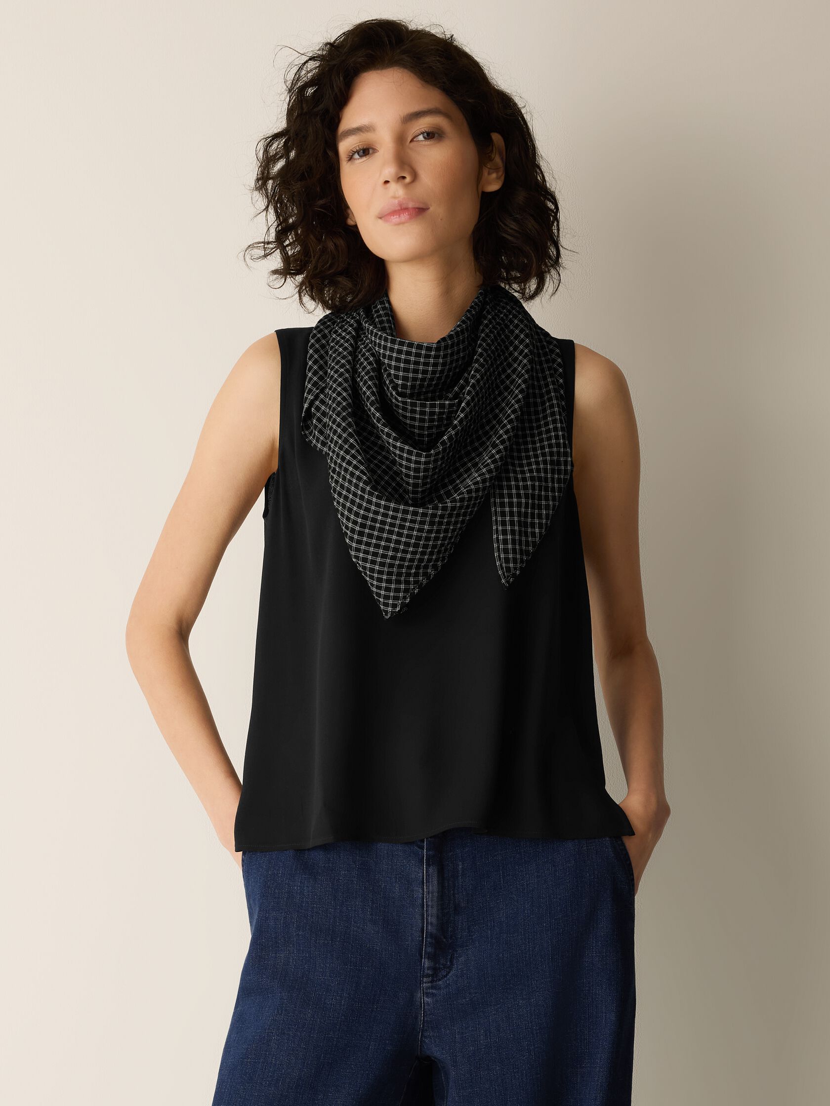Windowpane Crinkle Weave Triangle Scarf