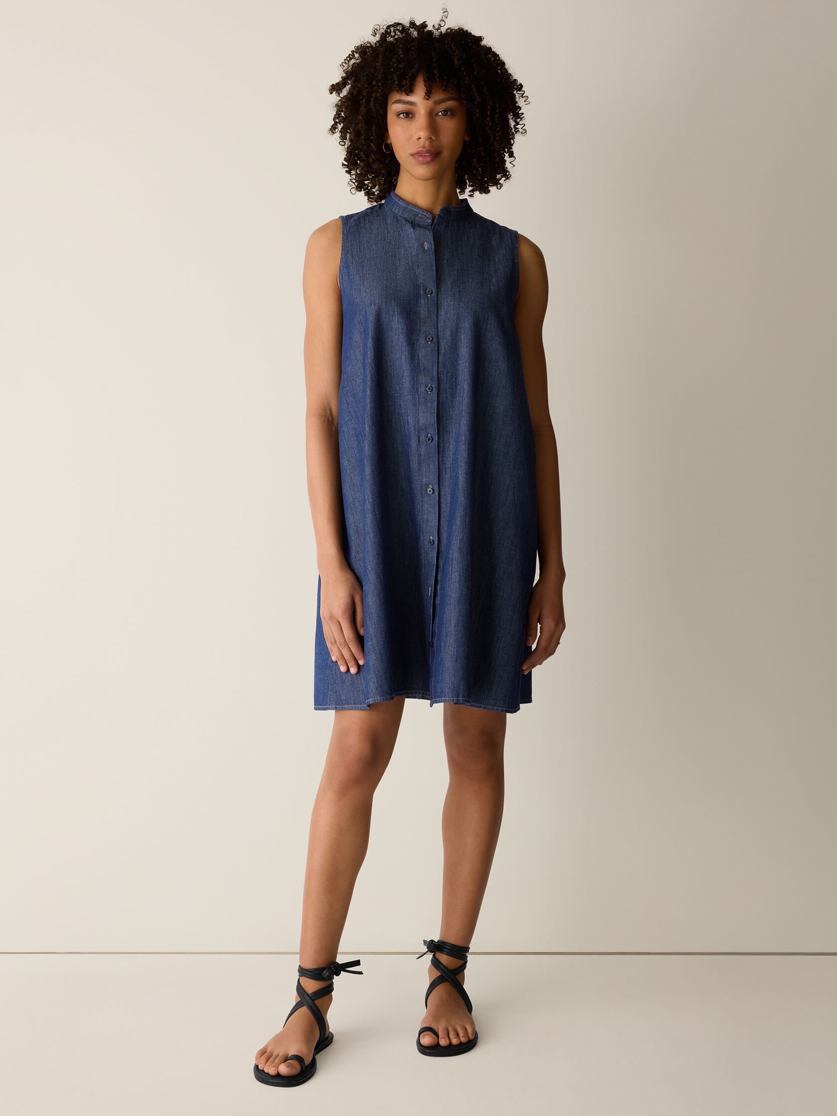 Lightweight Organic Cotton Denim Band Collar Dress