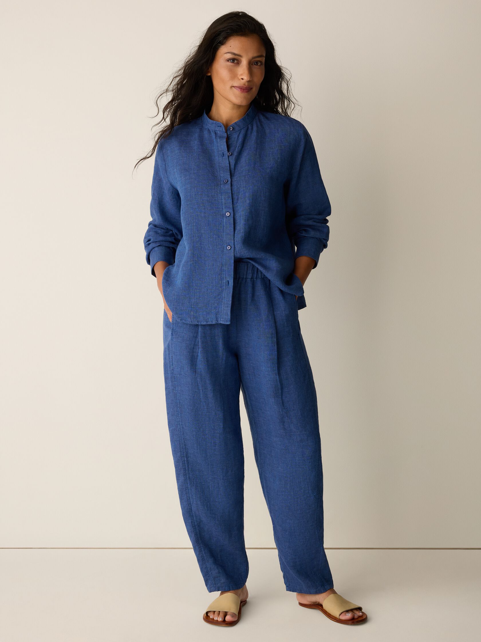 Washed Organic Linen D&eacute;lav&eacute; Band Collar Shirt