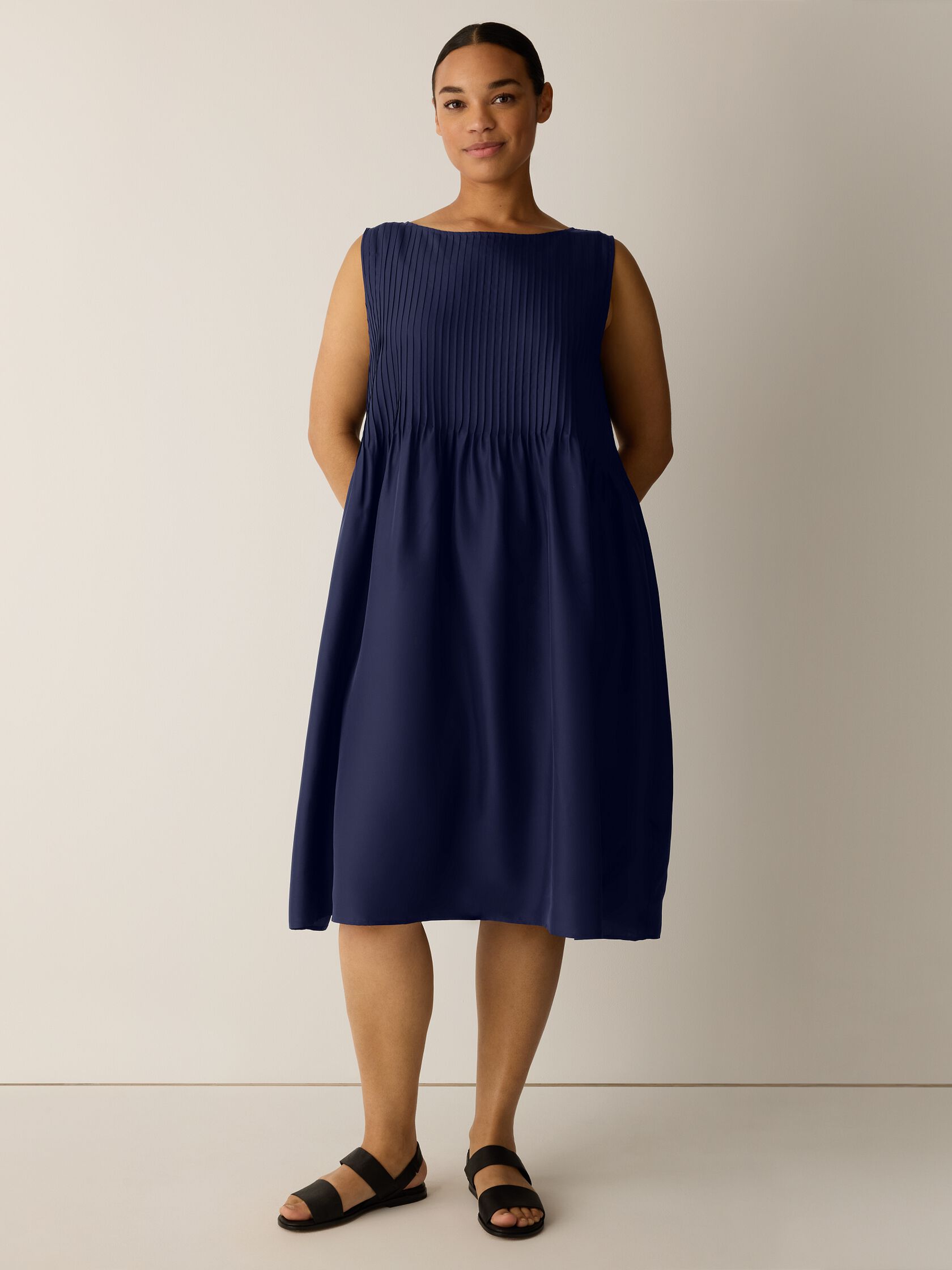 Pleated Silk Bateau Neck Dress