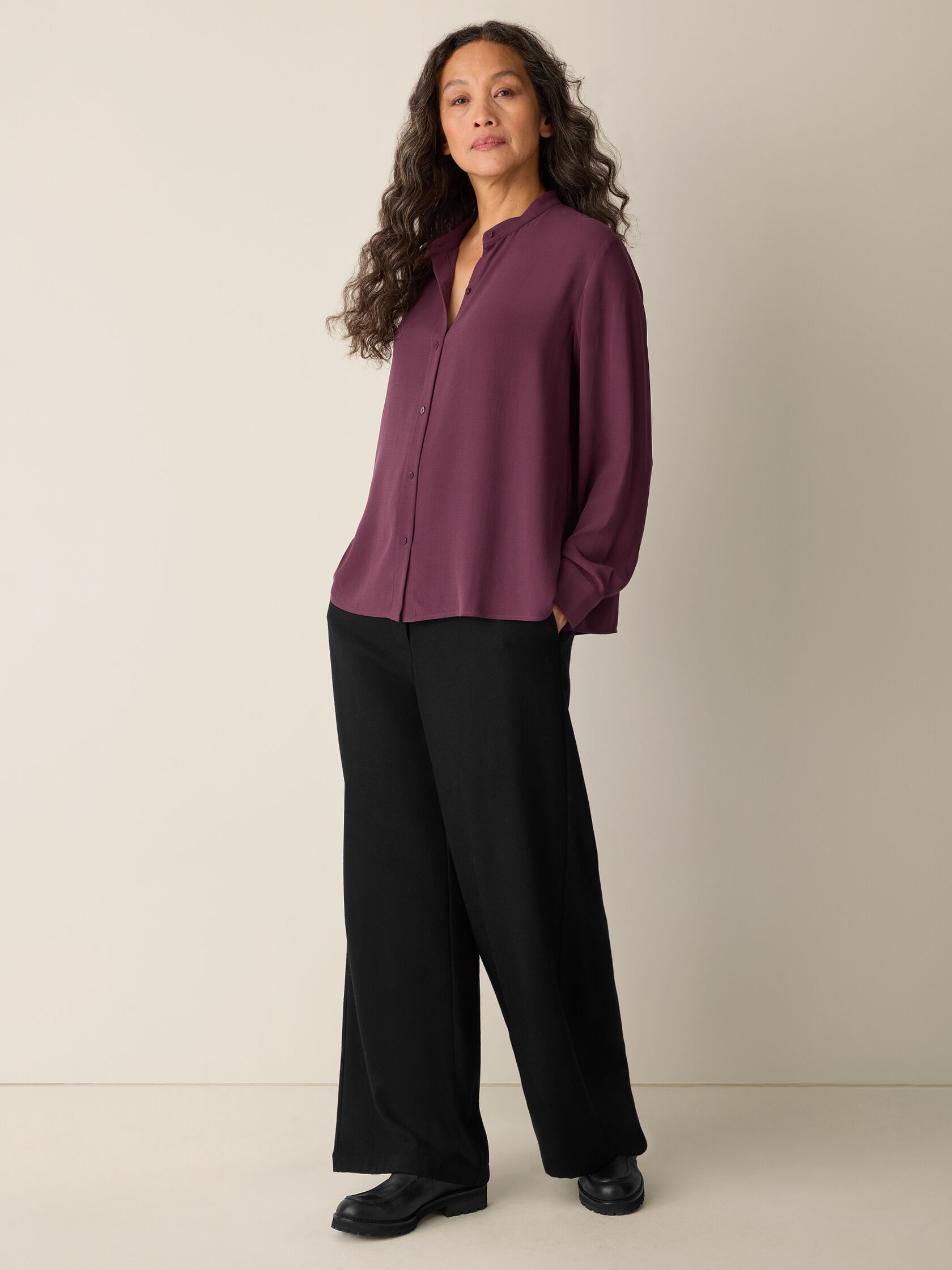 Silk Georgette Crepe Band Collar Top