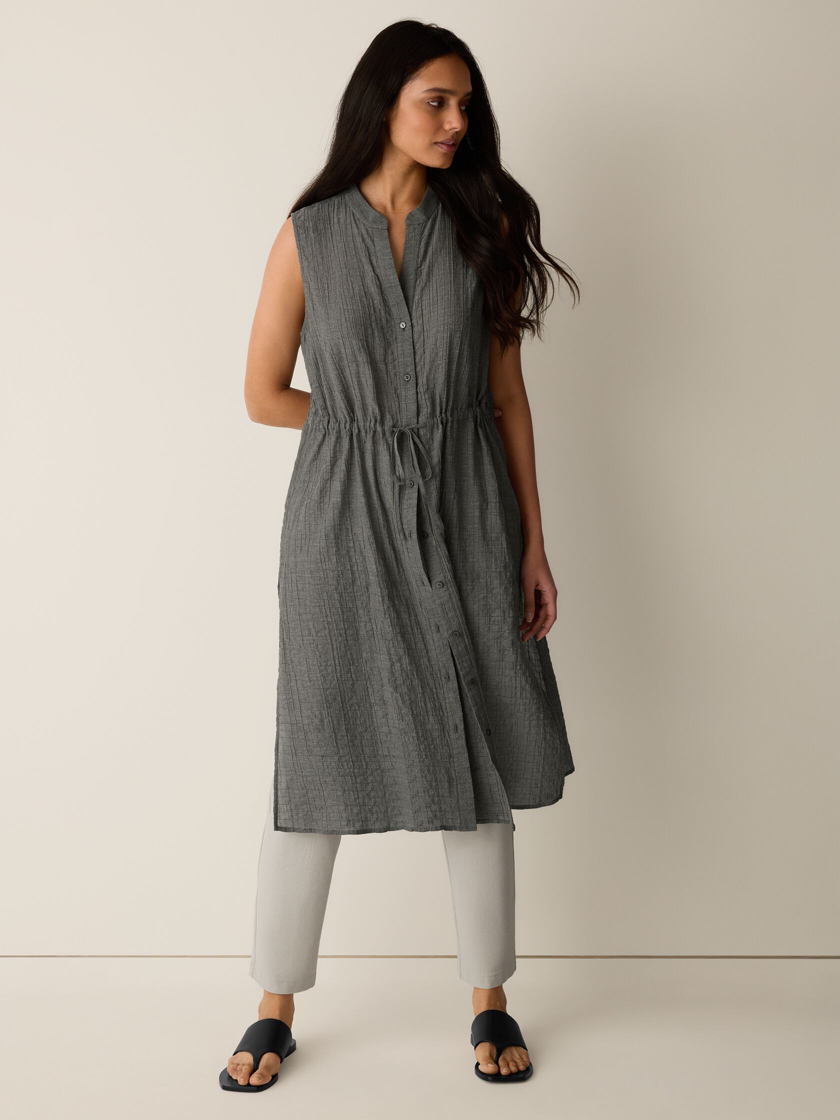 Organic Cotton Microstripe Pucker Band Collar Shirt