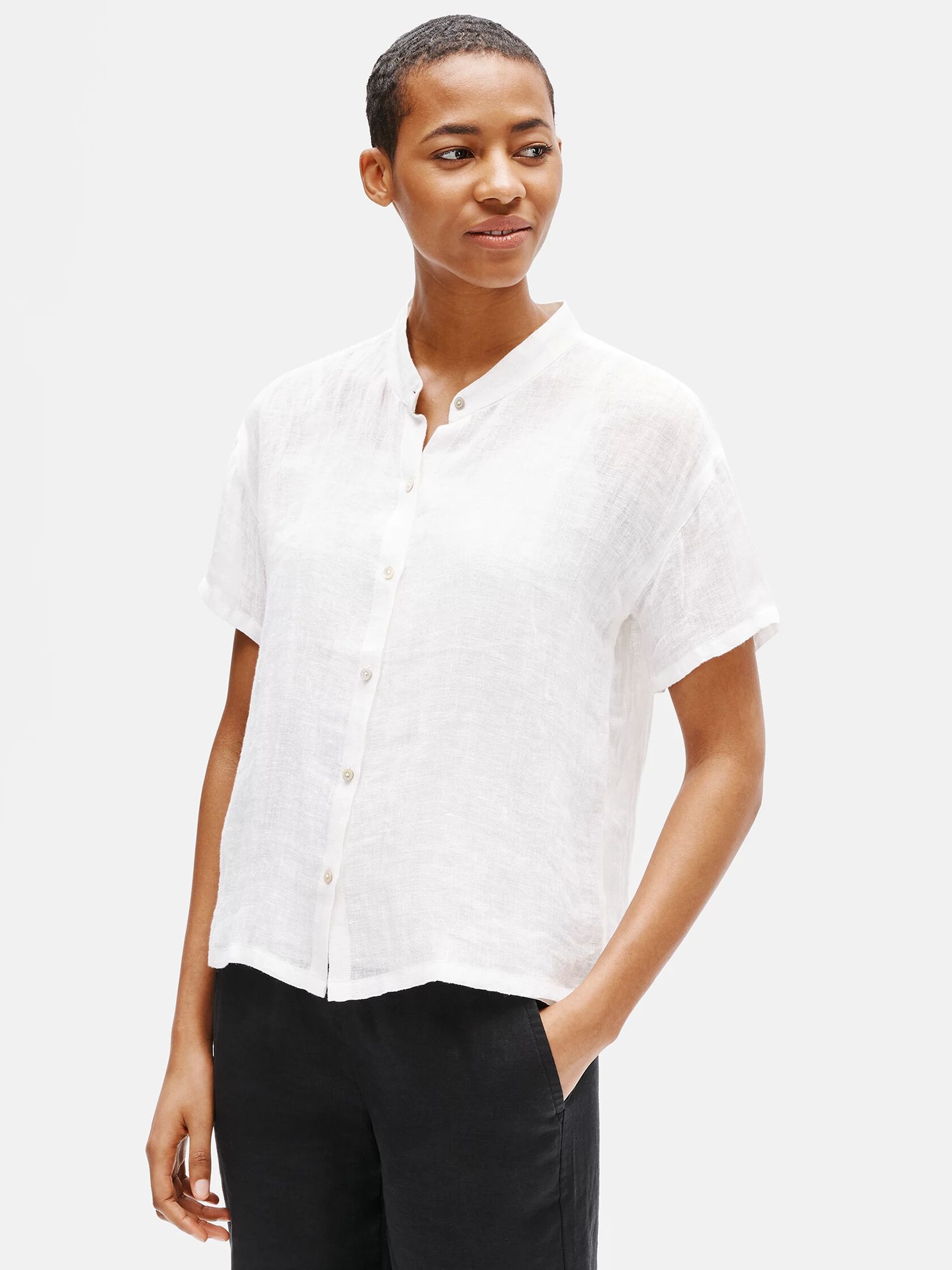 Organic Linen Gauze Mandarin Collar Shirt EILEEN FISHER