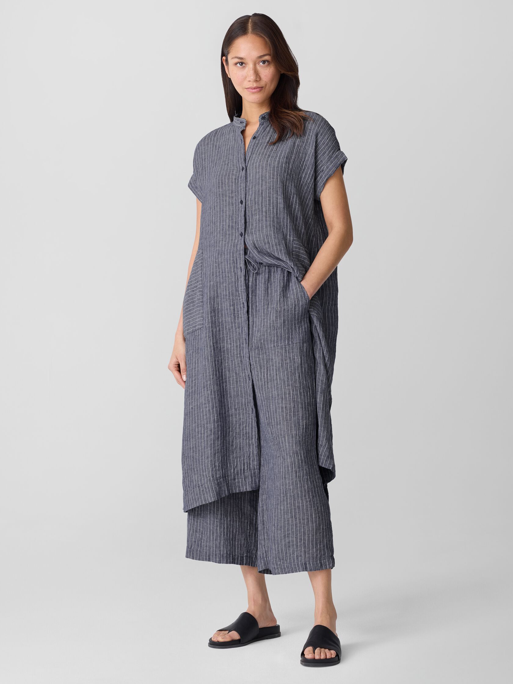 Puckered Organic Linen Shirtdress