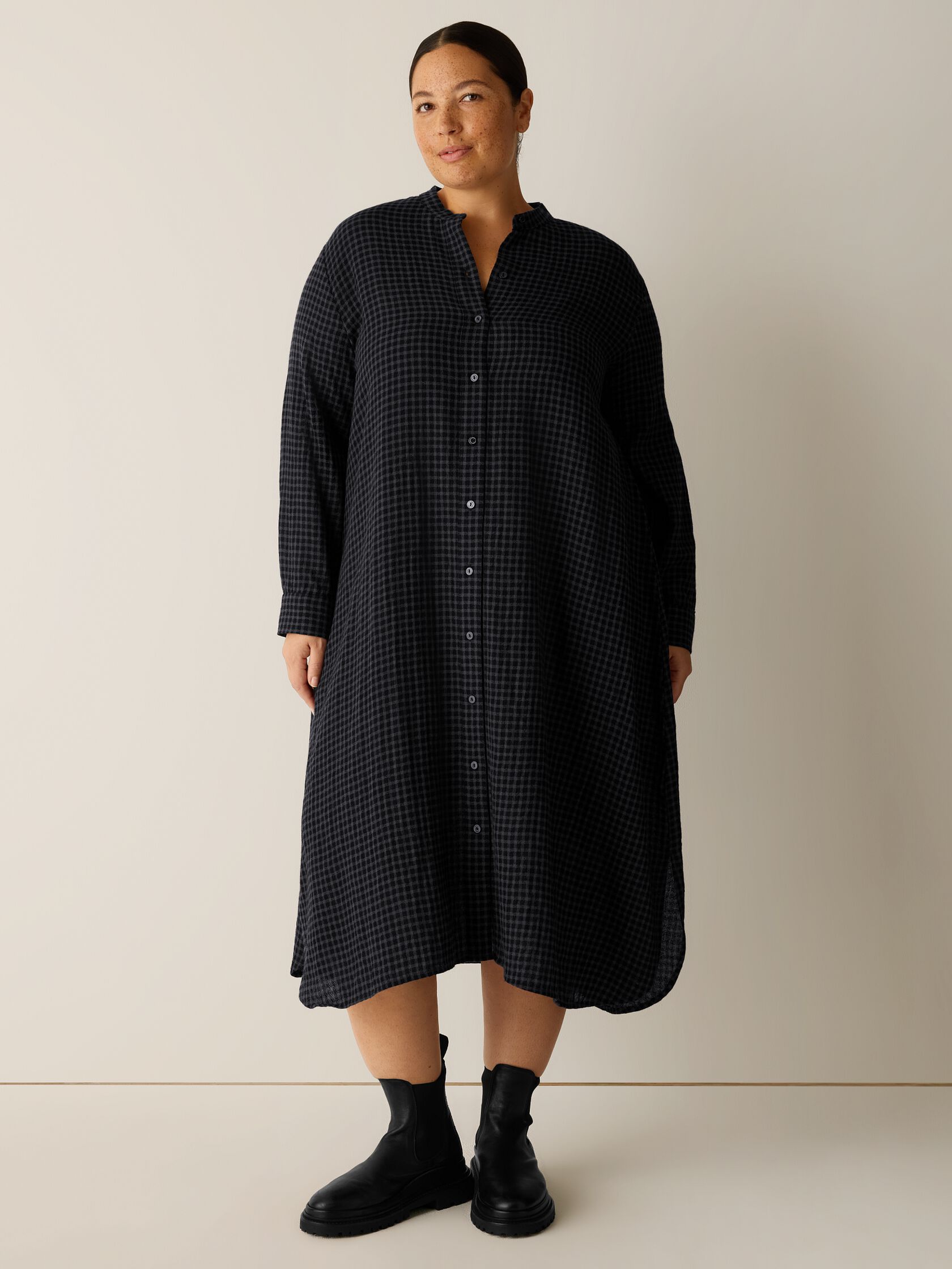 Wool Cotton Check Band Collar Shirtdress