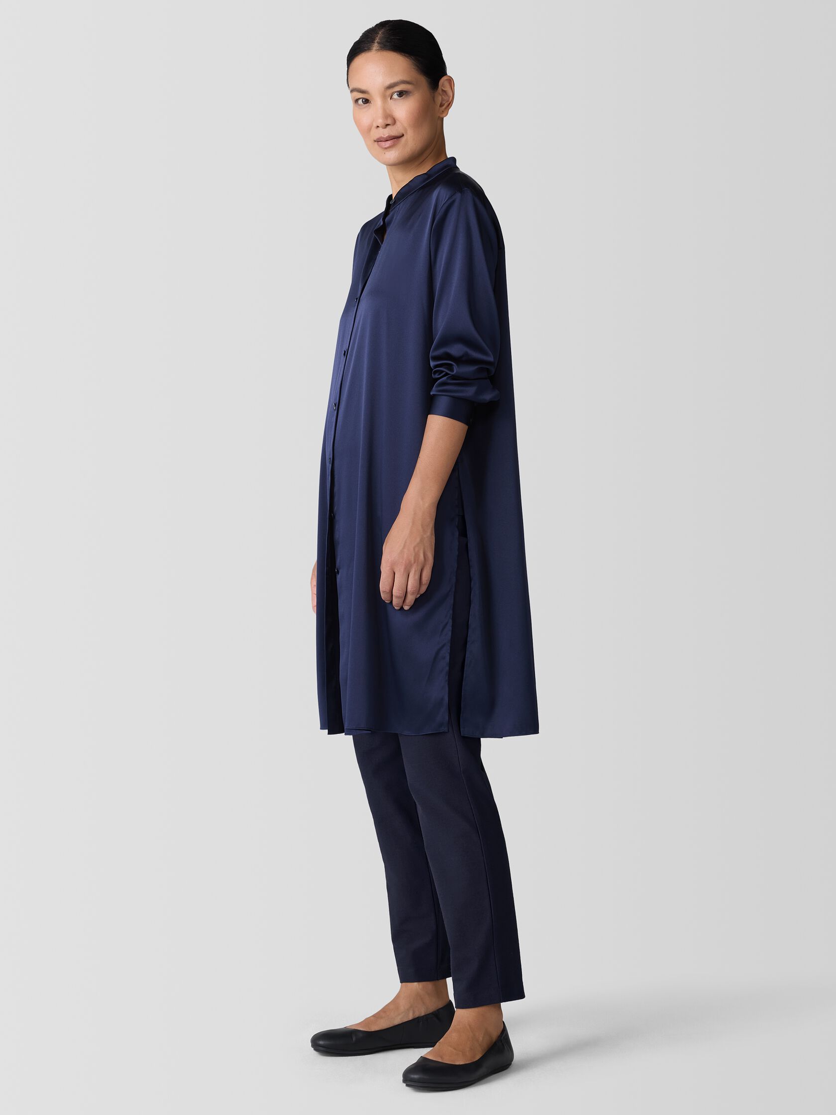 Stretch Silk Charmeuse Band Collar Long Shirt