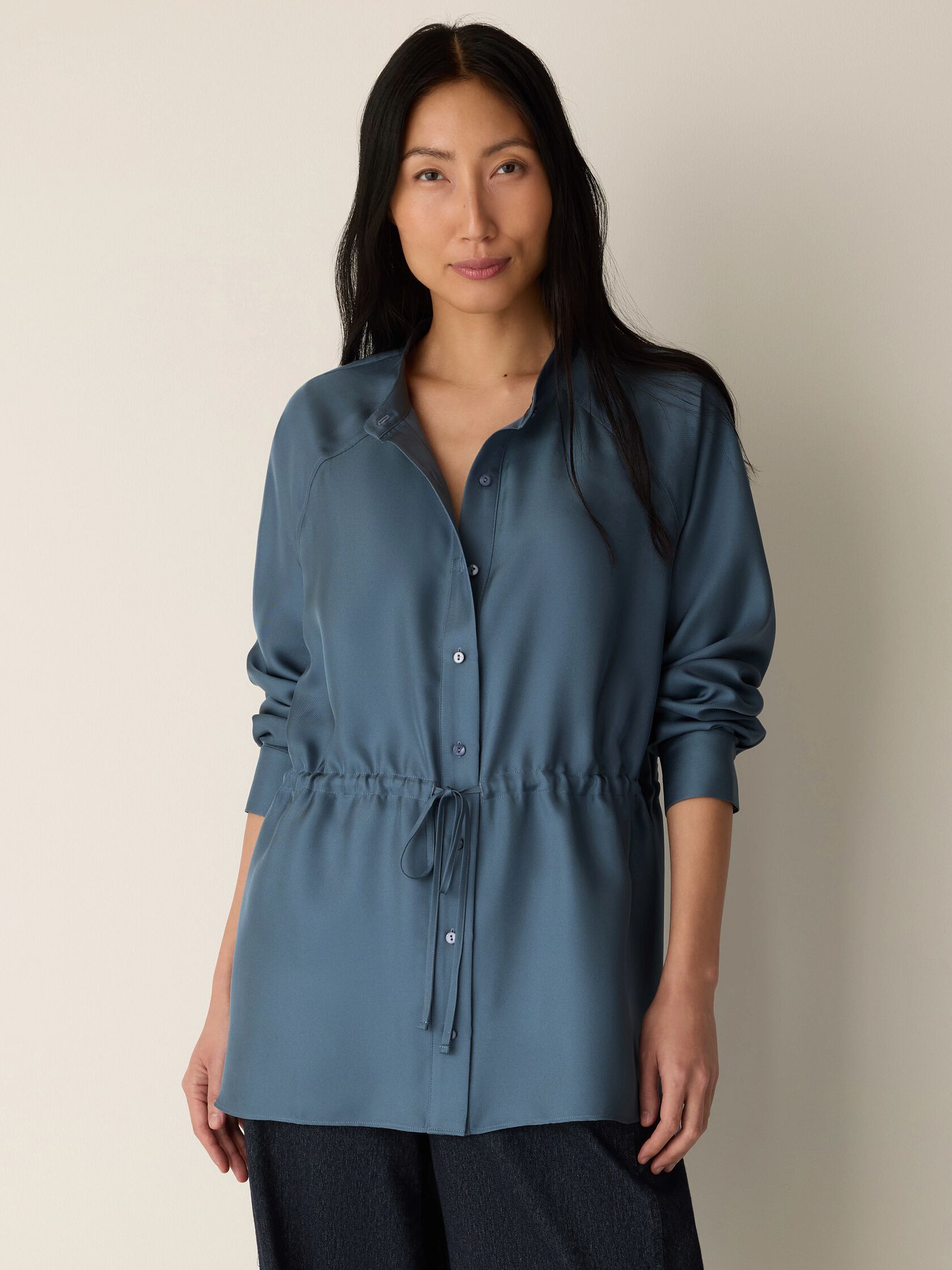 Silk Twill Band Collar Shirt