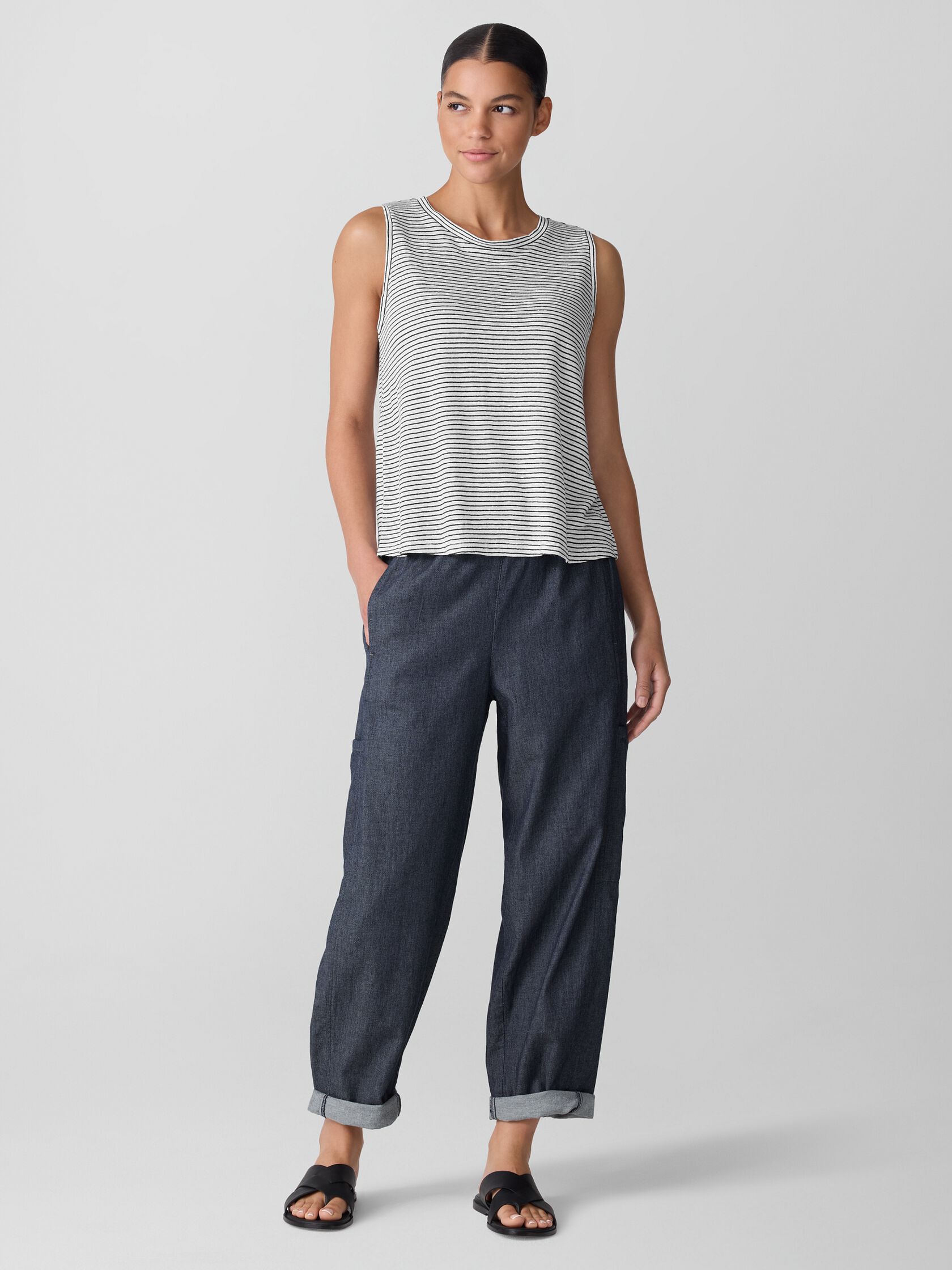 Striped Organic Linen Jersey Crew Neck Tank