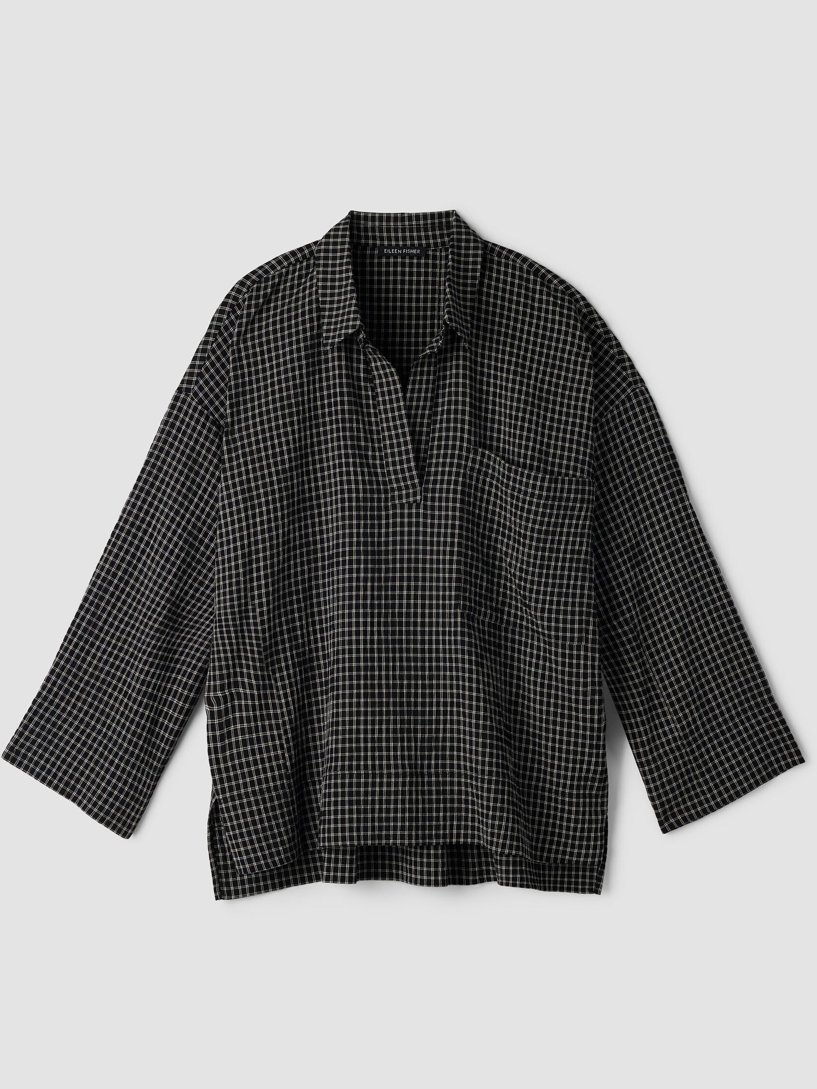 Windowpane Crinkle Weave Split Neck Shirt