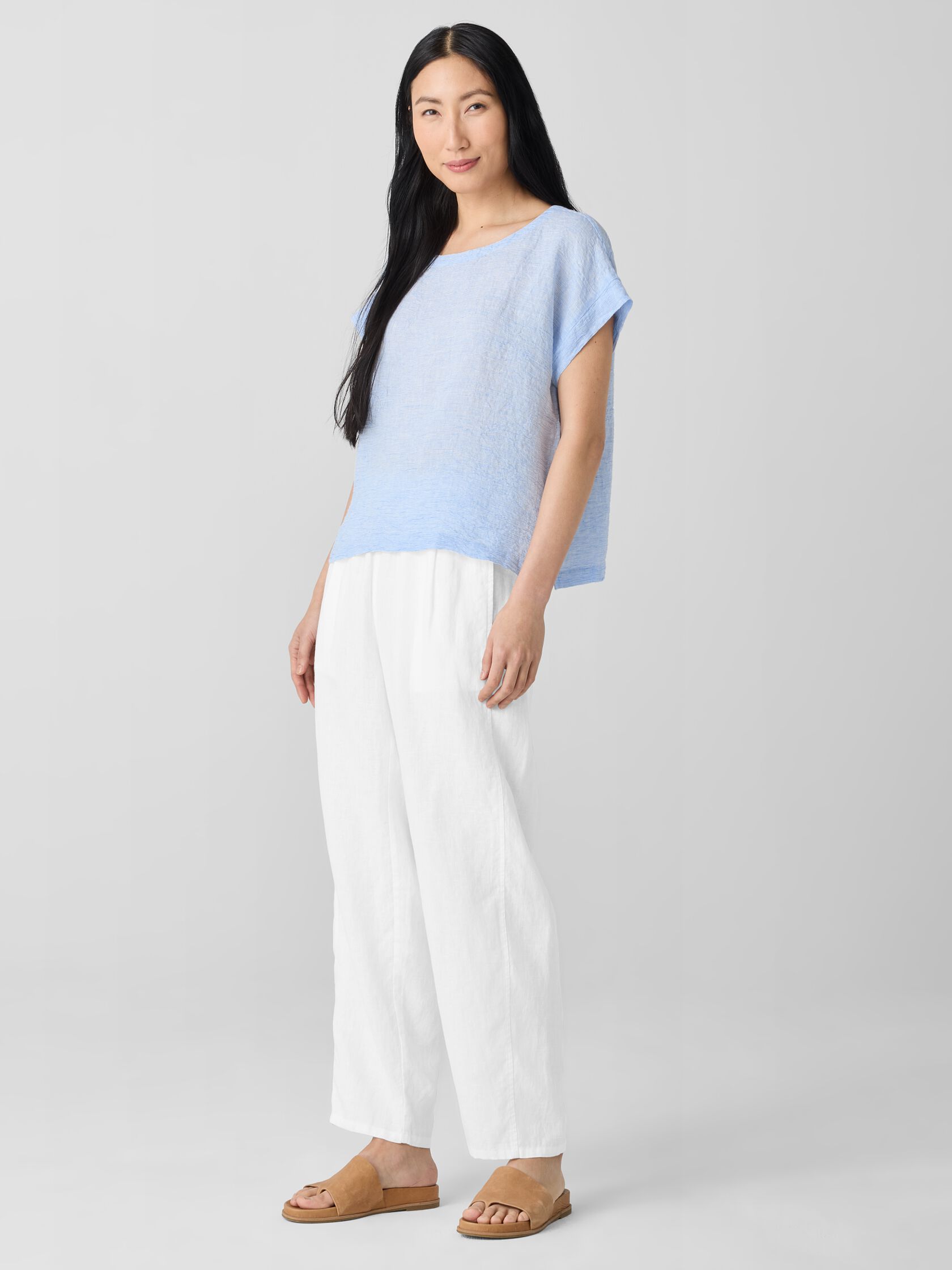 Puckered Organic Linen Stripe Ballet Neck Top