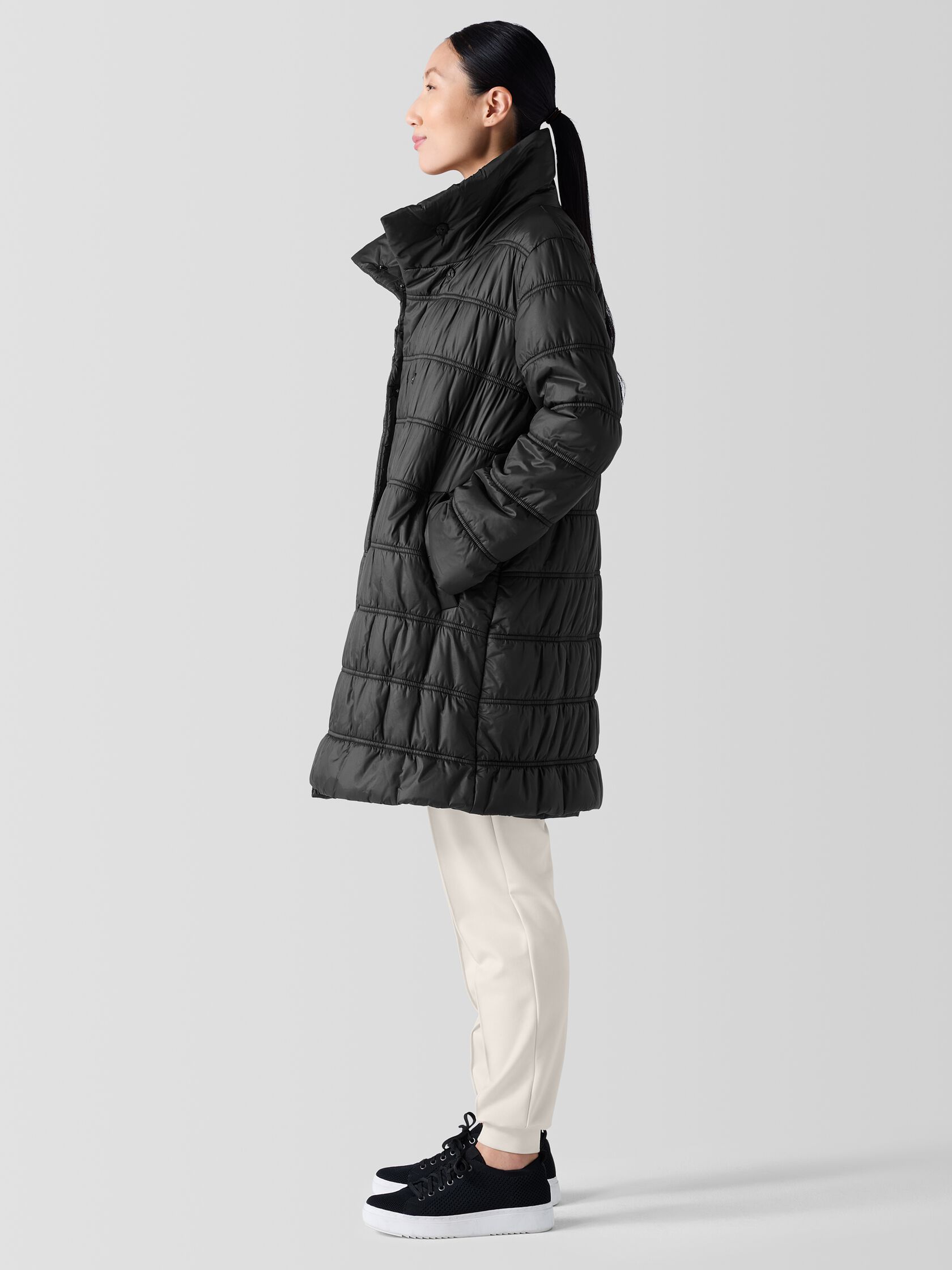 Eggshell Recycled Nylon Stand Collar Coat