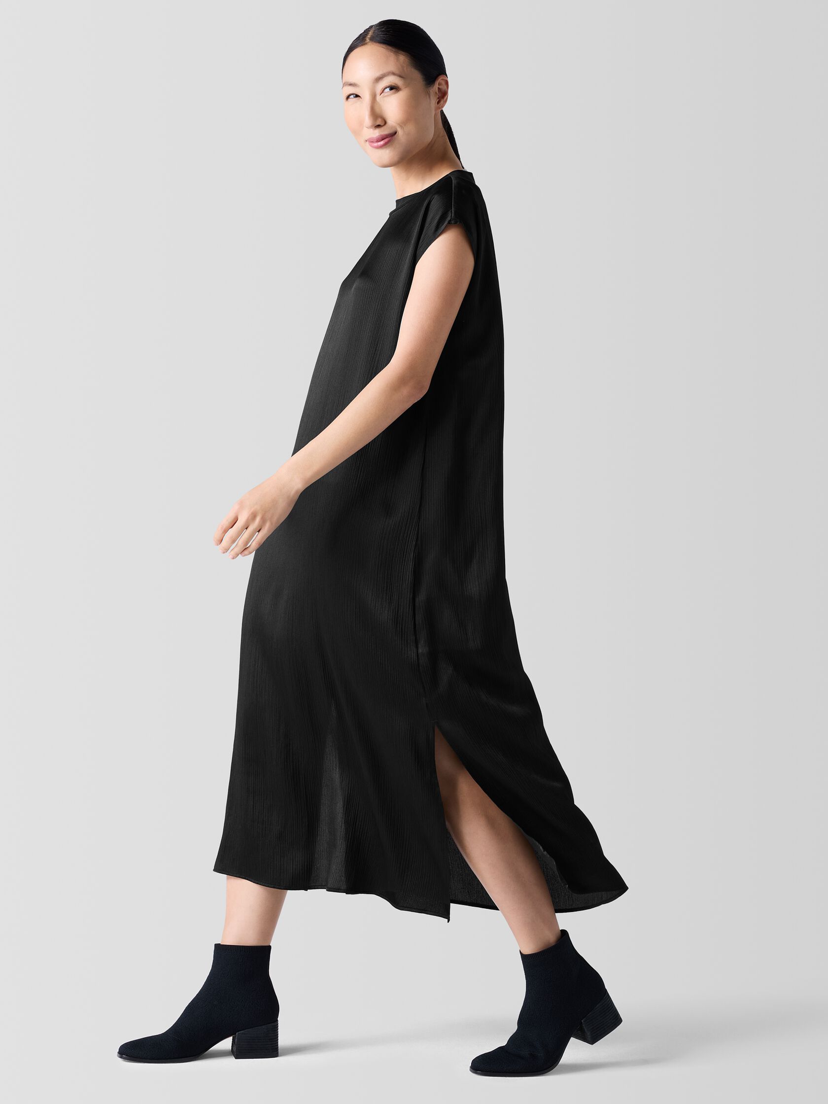 Striated Silk Satin Bateau Neck Dress