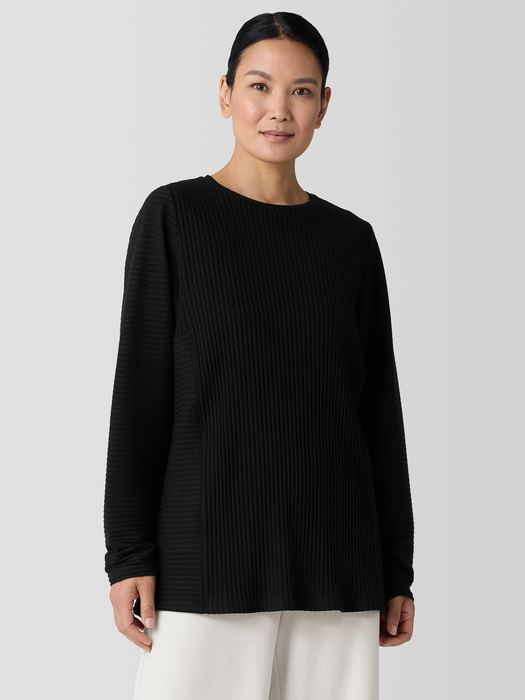 Midge Stretch Rib Textured Stretch Rib Round Neck Long-Sleeve Top | EILEEN FISHER
