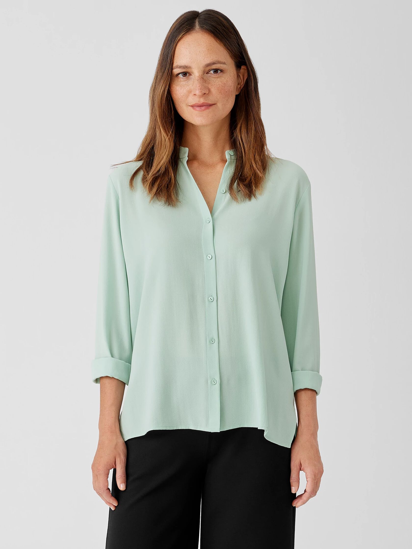 Silk Georgette Crepe Mandarin Collar Shirt