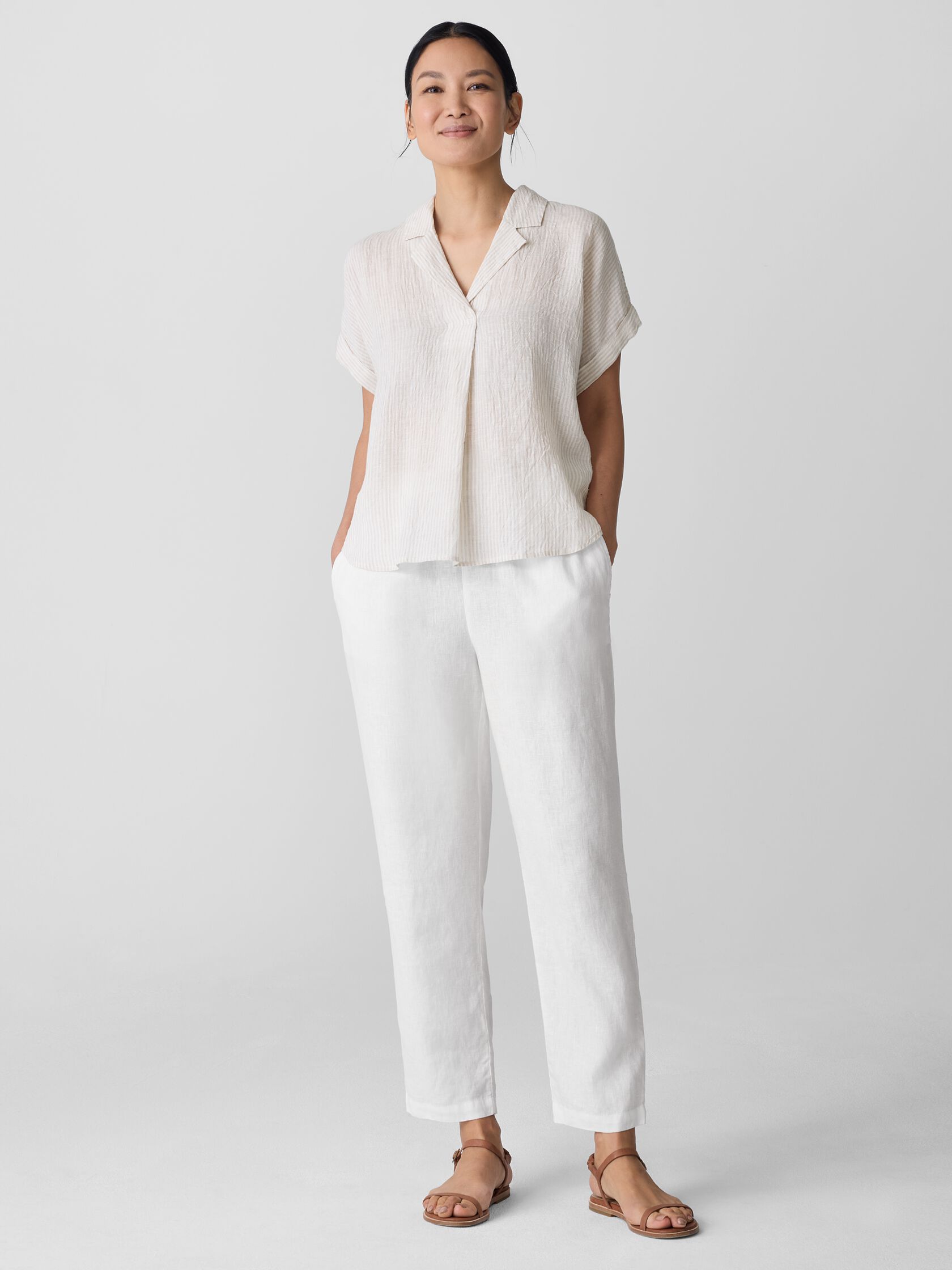 Puckered Organic Linen Stripe Notch Collar Top