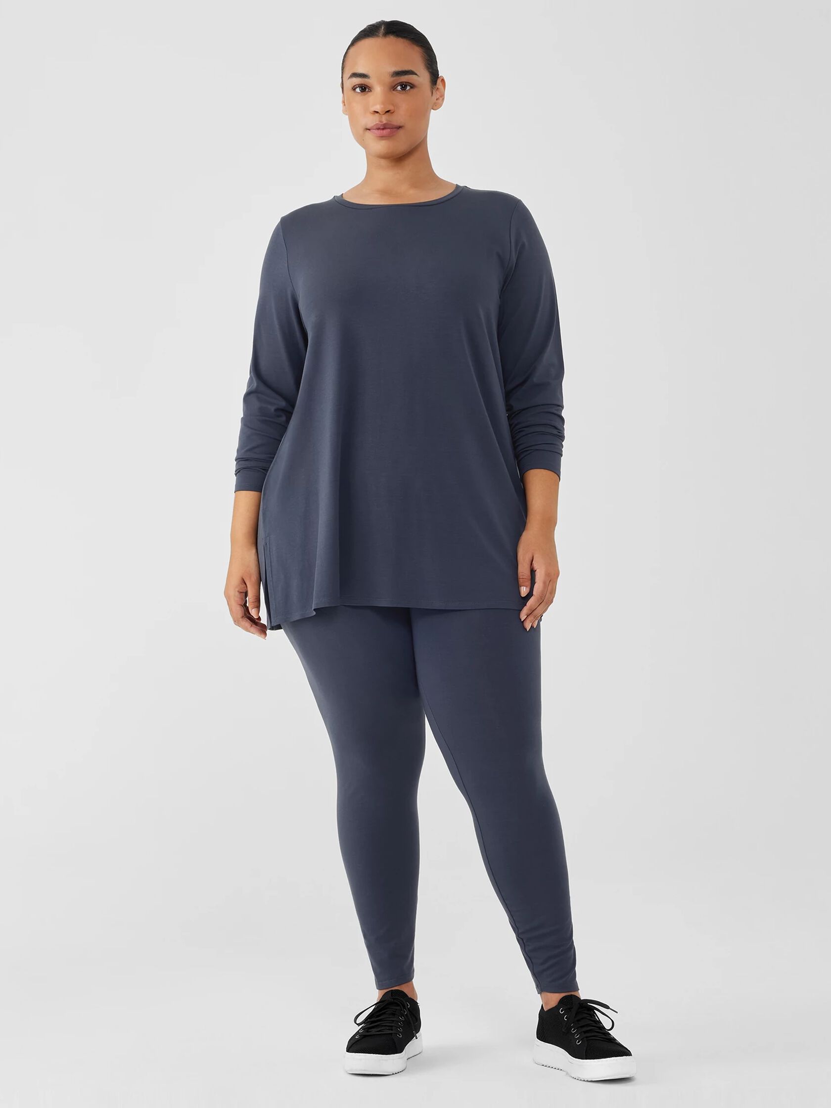 Stretch Jersey Knit Crew Neck Long Top