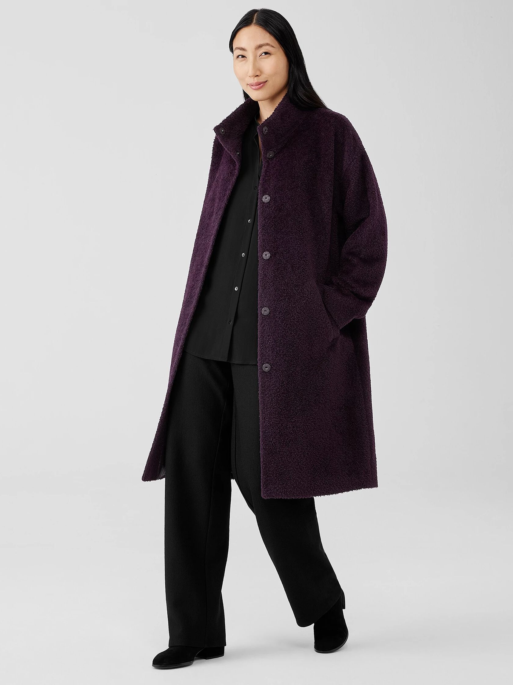 Sheared Suri Alpaca Stand Collar Coat | EILEEN FISHER