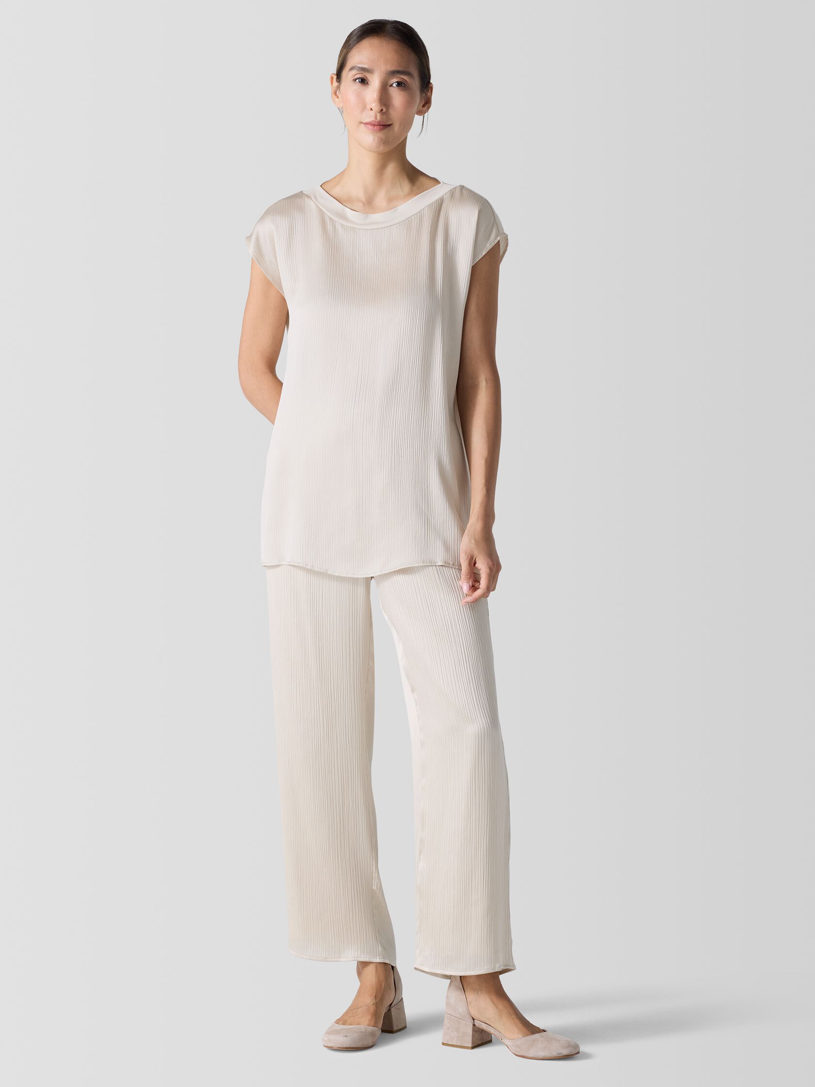 Striated Silk Satin Bateau Neck Top