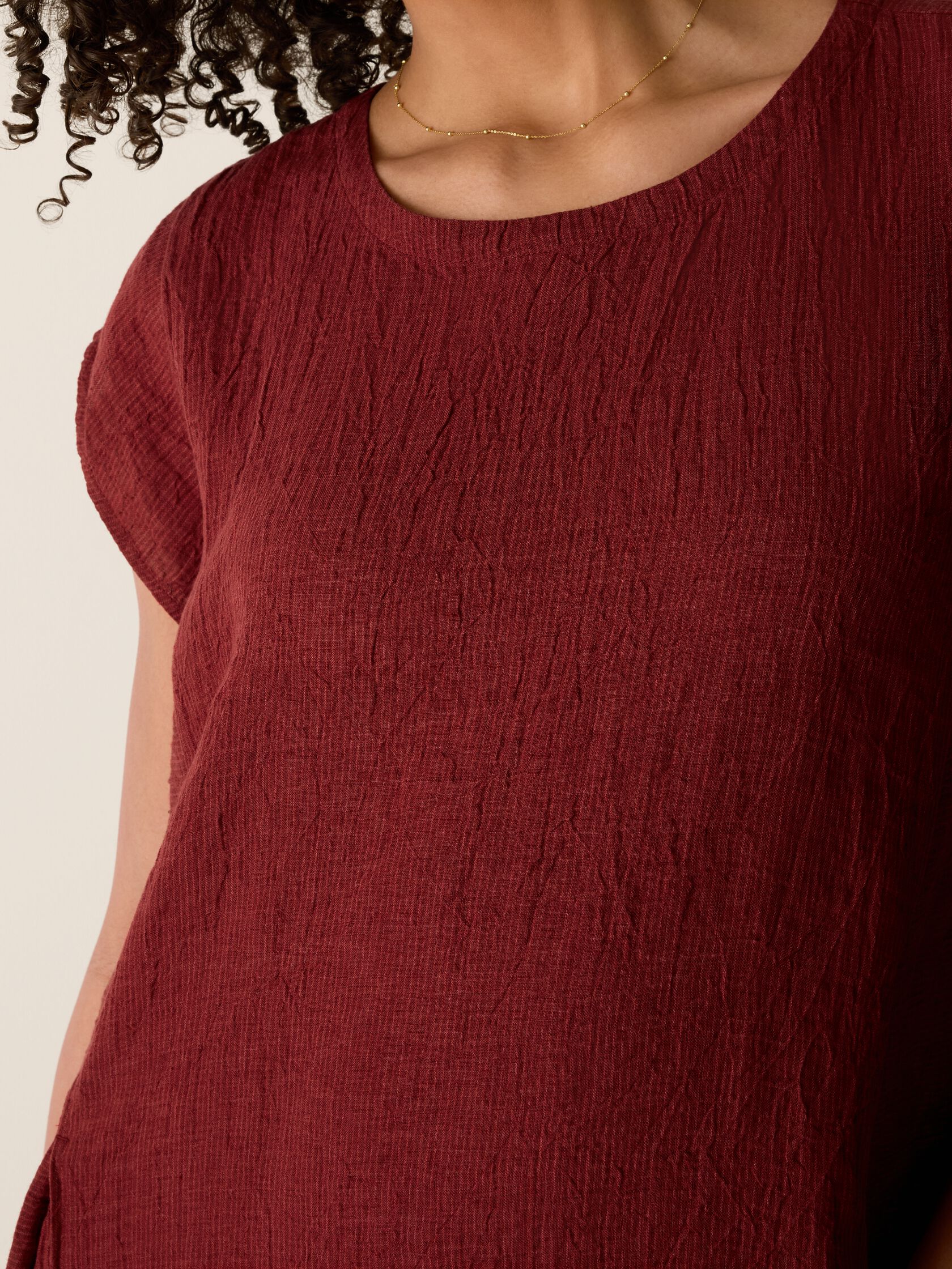 Puckered Organic Linen Stripe Jewel Neck Dress