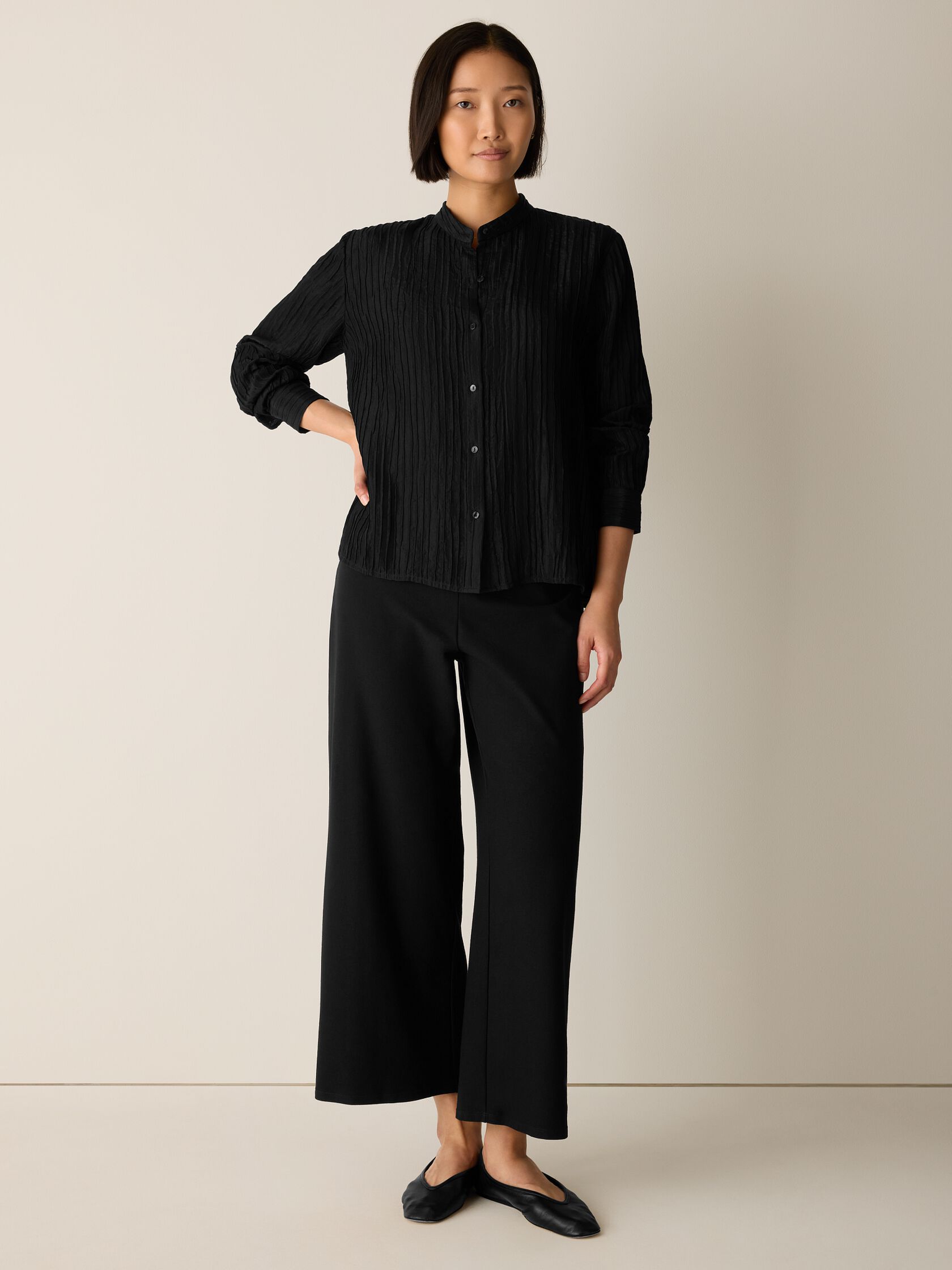 Textured Silk Jacquard Band Collar Shirt