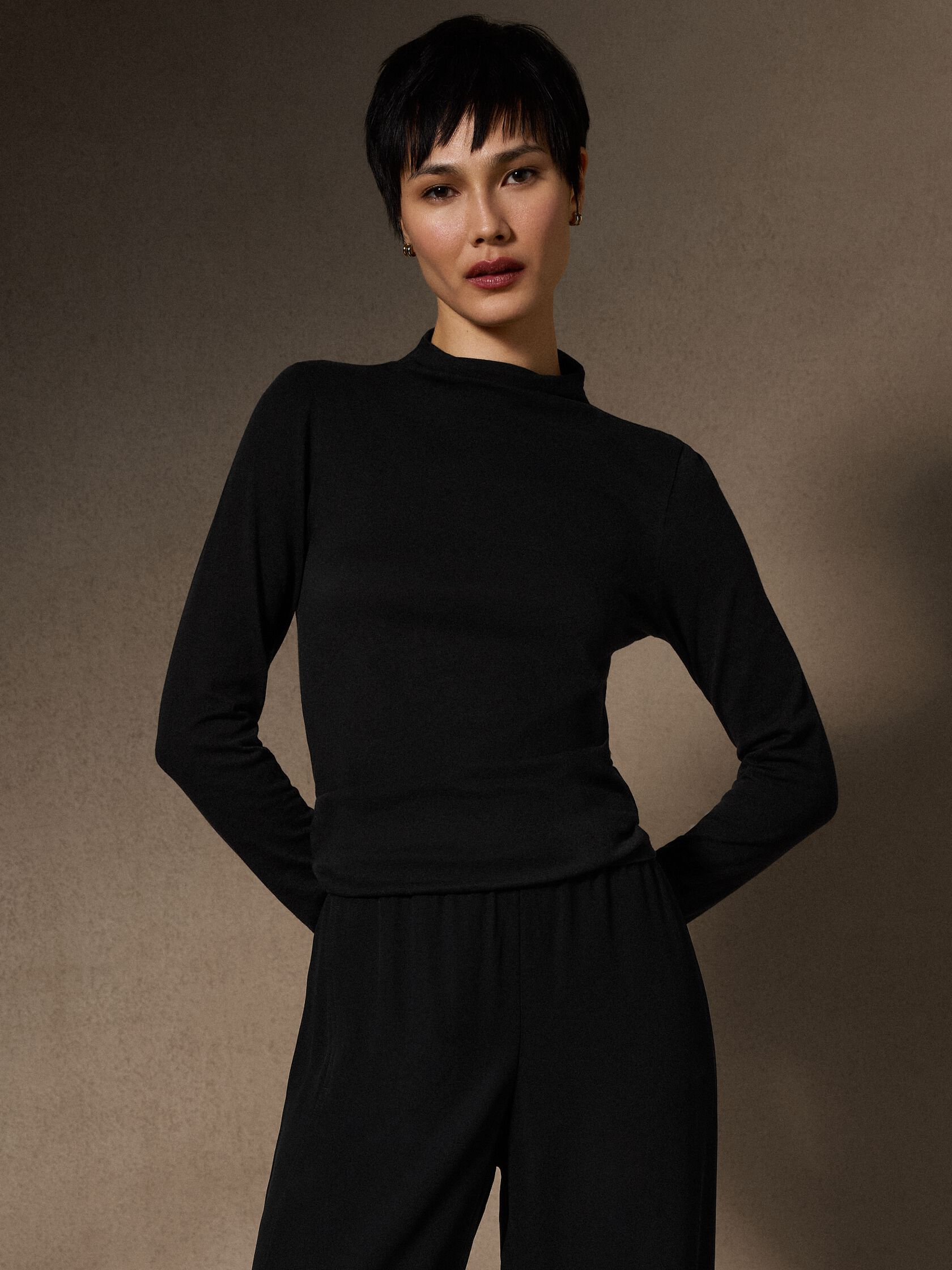 Sheer Cotton Blend Knit Funnel Neck Top