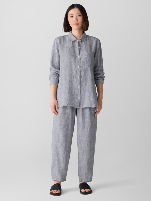 Puckered Organic Linen Stripe Classic Collar Long Shirt