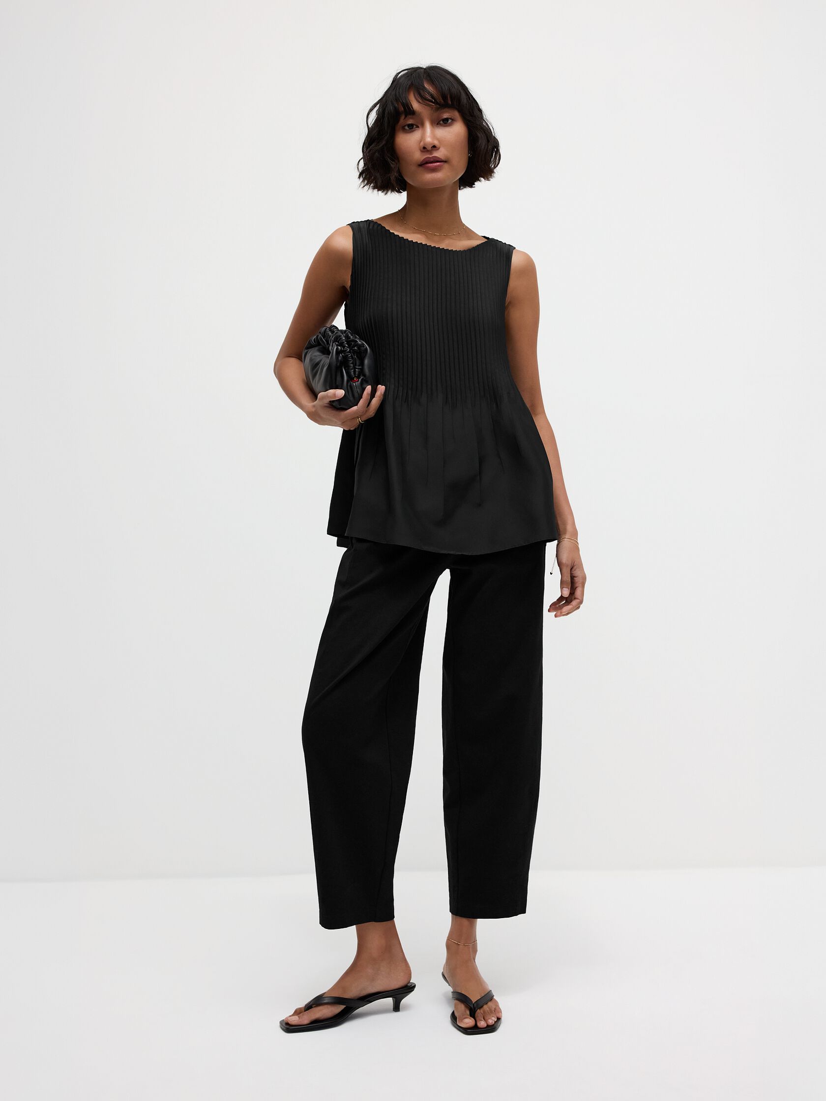 Pleated Silk Bateau Neck Tank