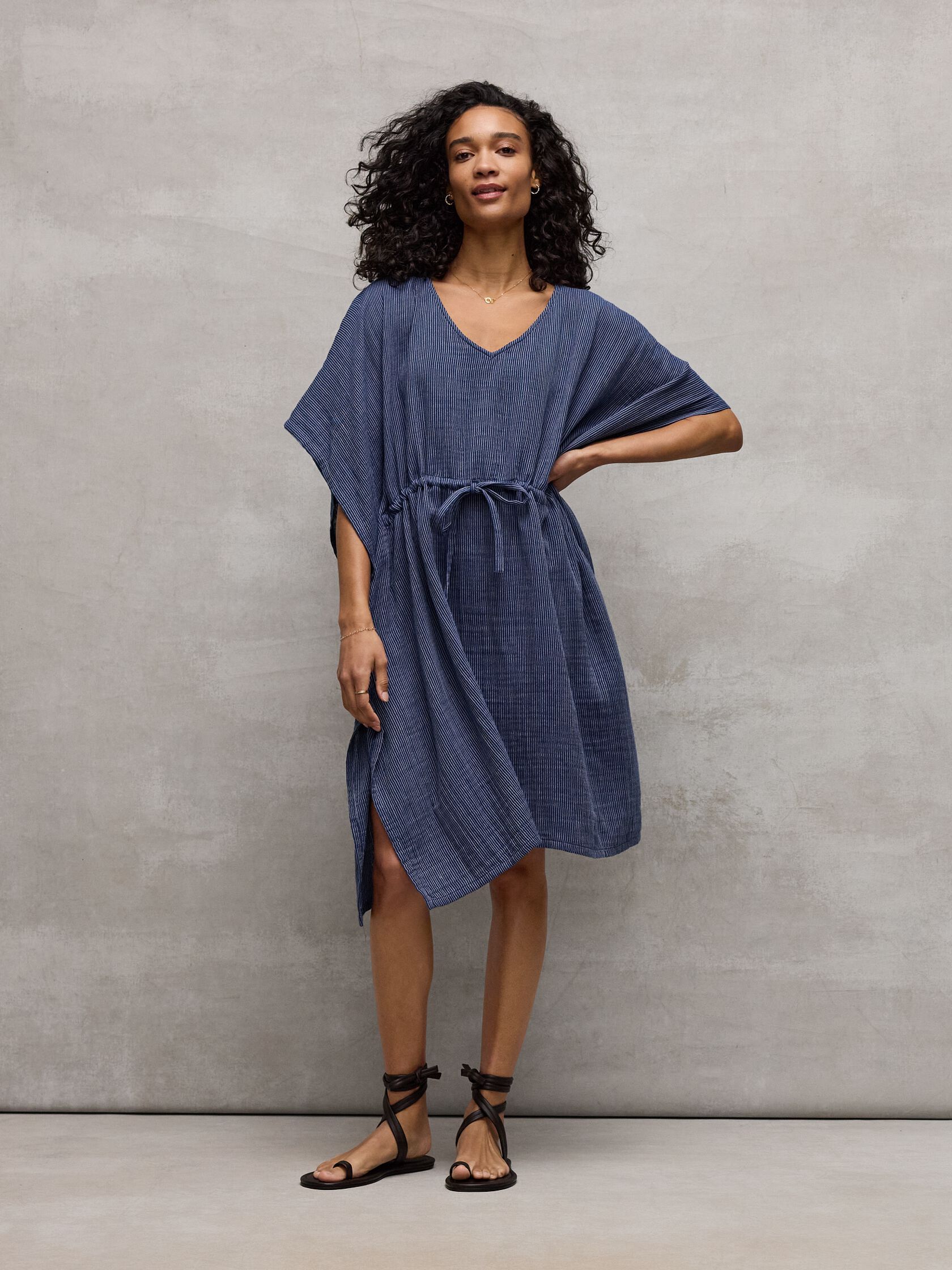 Striped Organic Cotton Gauze V-Neck Caftan