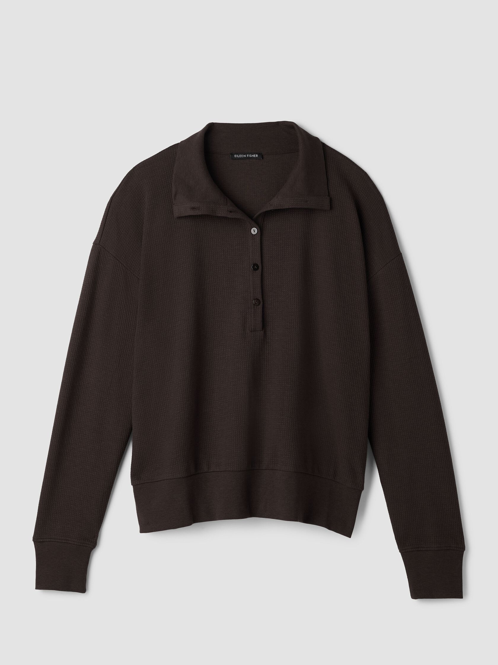 Waffle Cotton Blend Doubleknit High Collar Henley Top
