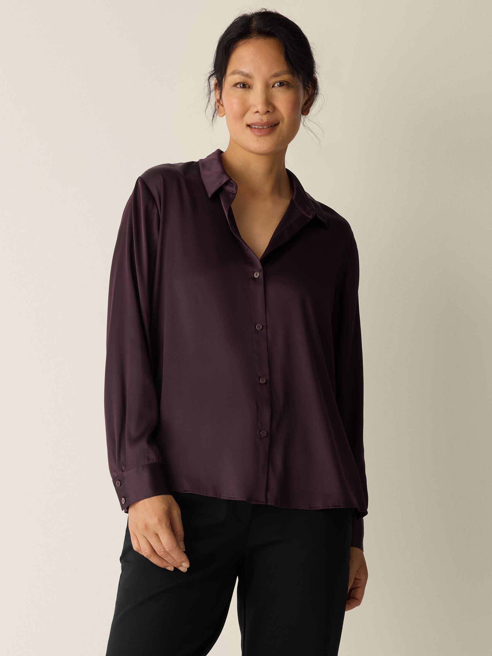 Stretch Silk Charmeuse Classic Collar Shirt