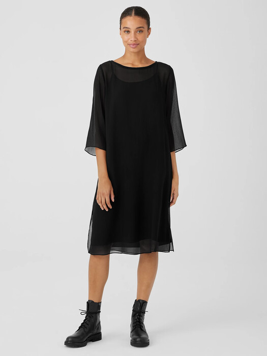 Crinkled Sheer Silk Bateau Neck Dress