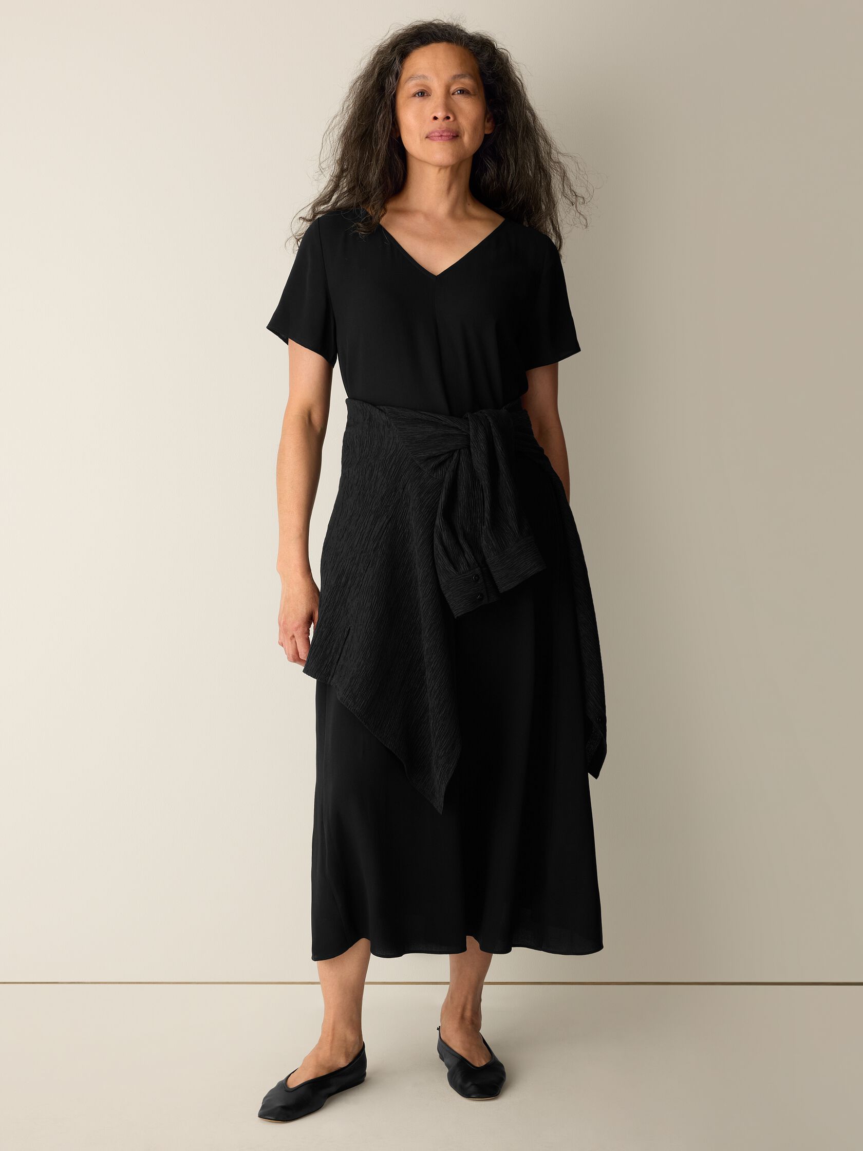 Silk Georgette Crepe V-Neck Dress