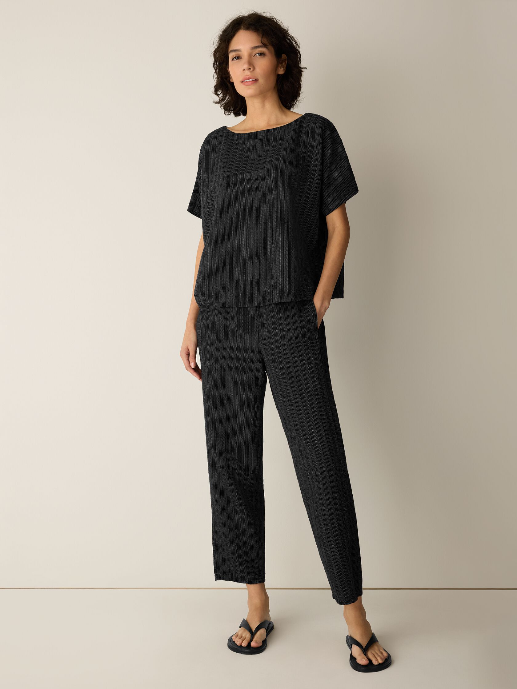 Cotton Blend Stripe Stitch Bateau Neck Top